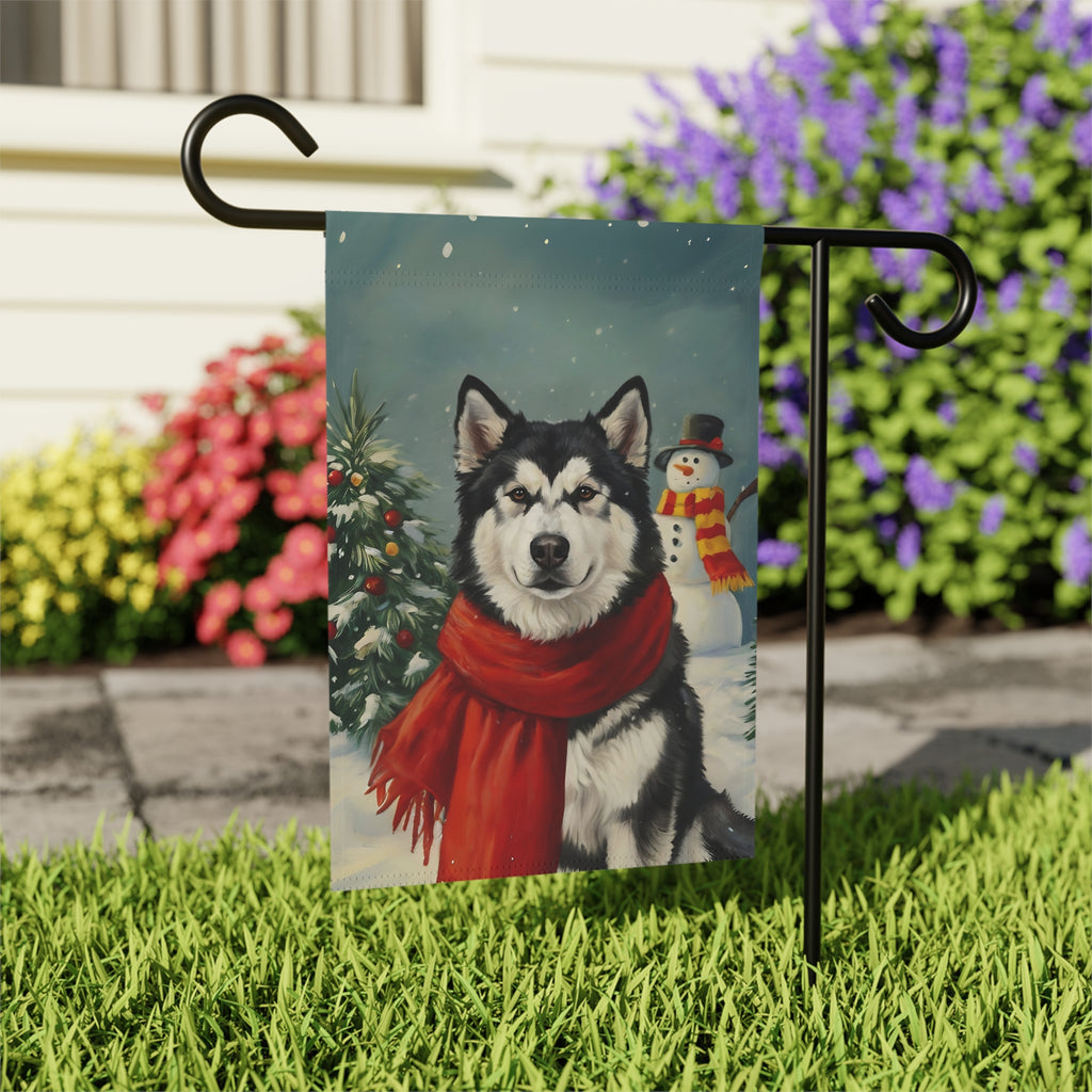 Red Scarf Alaskan Malamute Christmas Garden Flag - close-up detail - Dragonfire Gardens