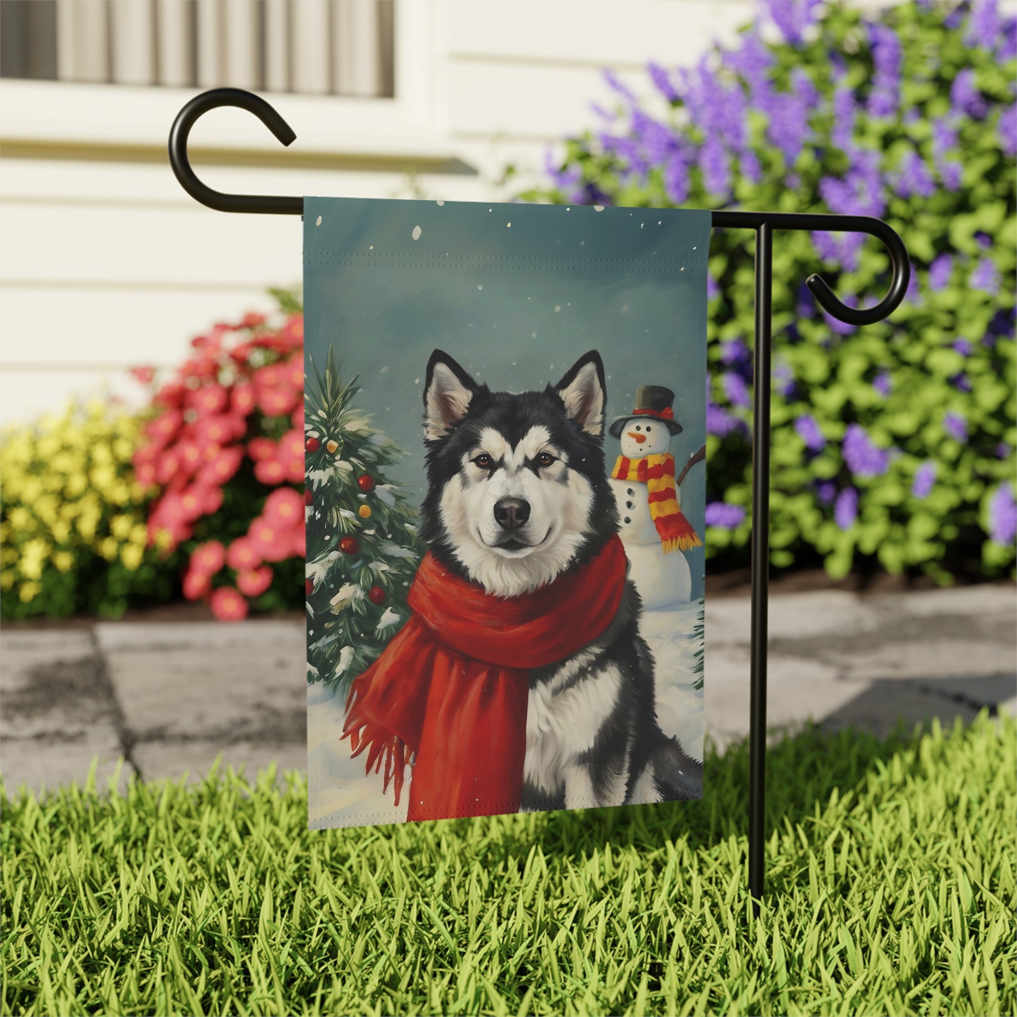 Red Scarf Alaskan Malamute Christmas Garden Flag - close-up detail - Dragonfire Gardens