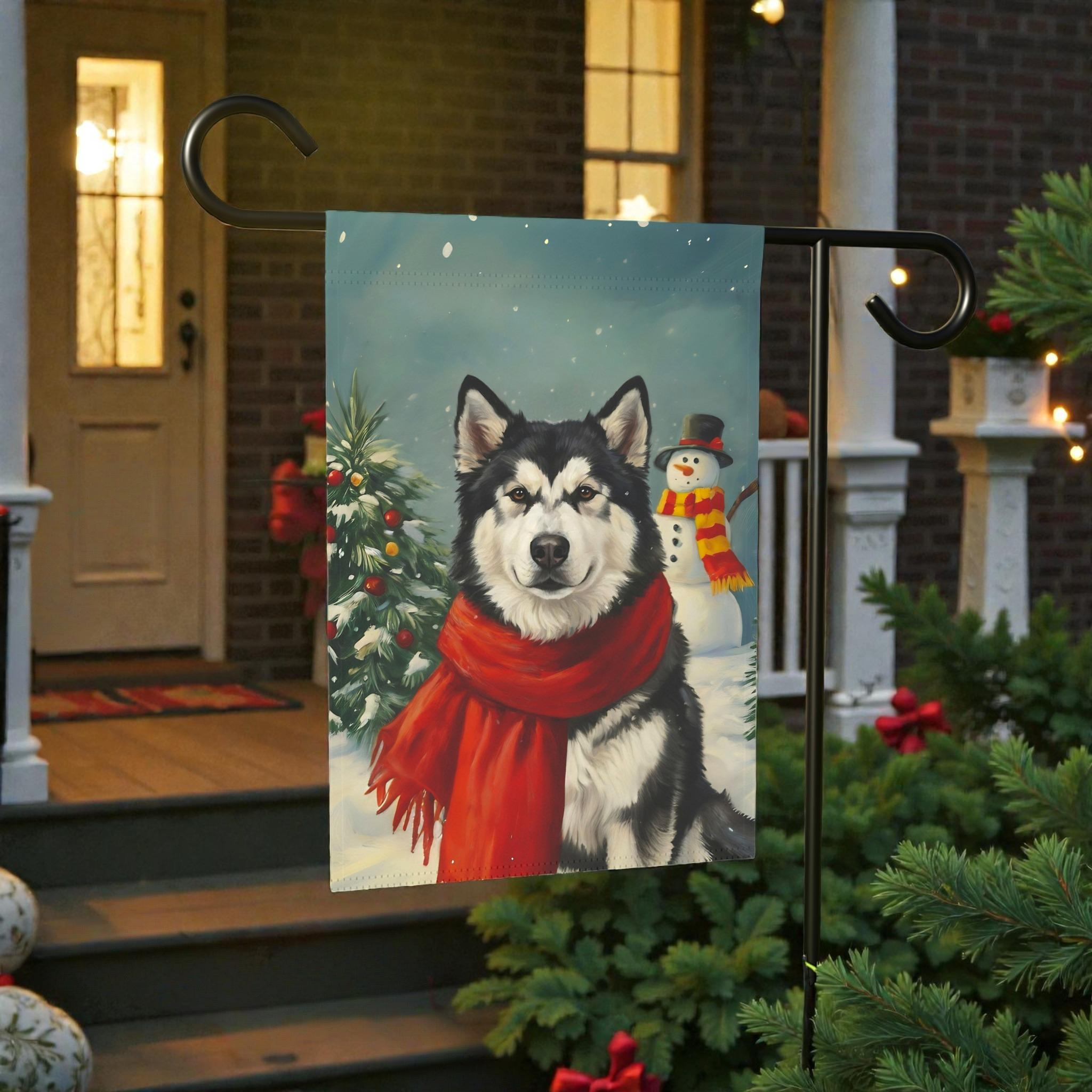 Red Scarf Alaskan Malamute Christmas Garden Flag - outdoor display - Dragonfire Gardens