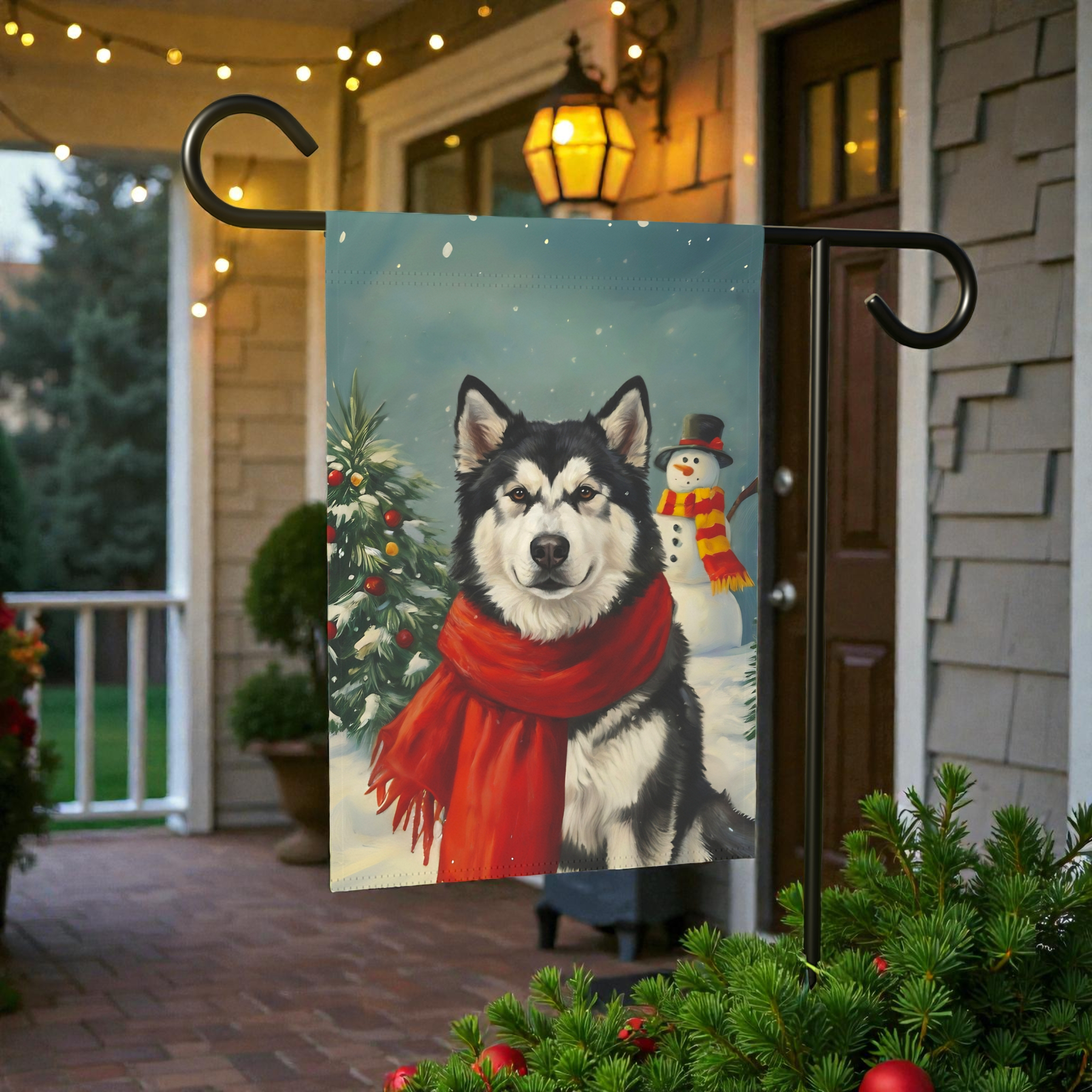 Red Scarf Alaskan Malamute Christmas Garden Flag - lifestyle display - Dragonfire Gardens