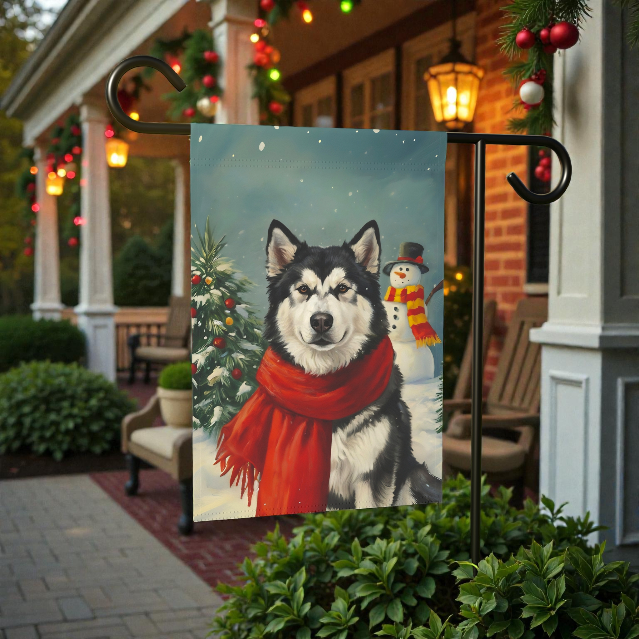 Red Scarf Alaskan Malamute Christmas Garden Flag - front view - Dragonfire Gardens