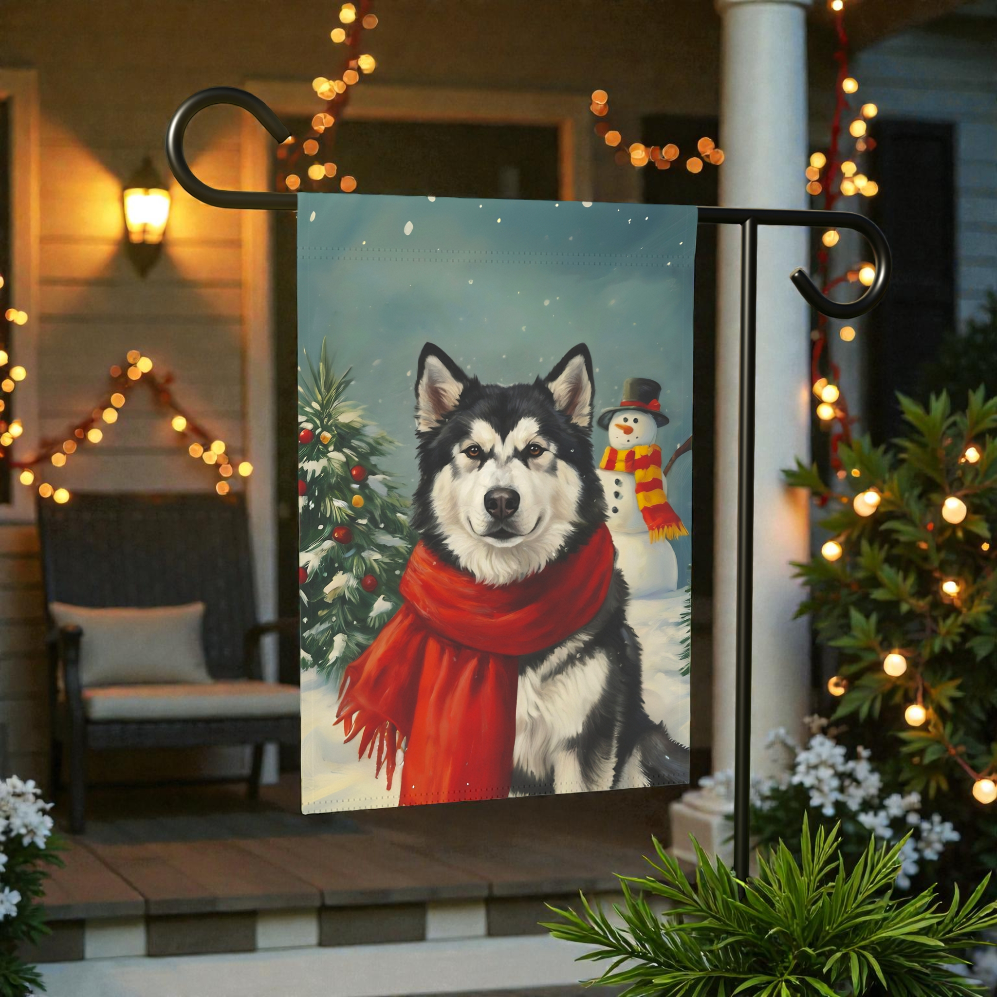 Red Scarf Alaskan Malamute Christmas Garden Flag - product detail - Dragonfire Gardens