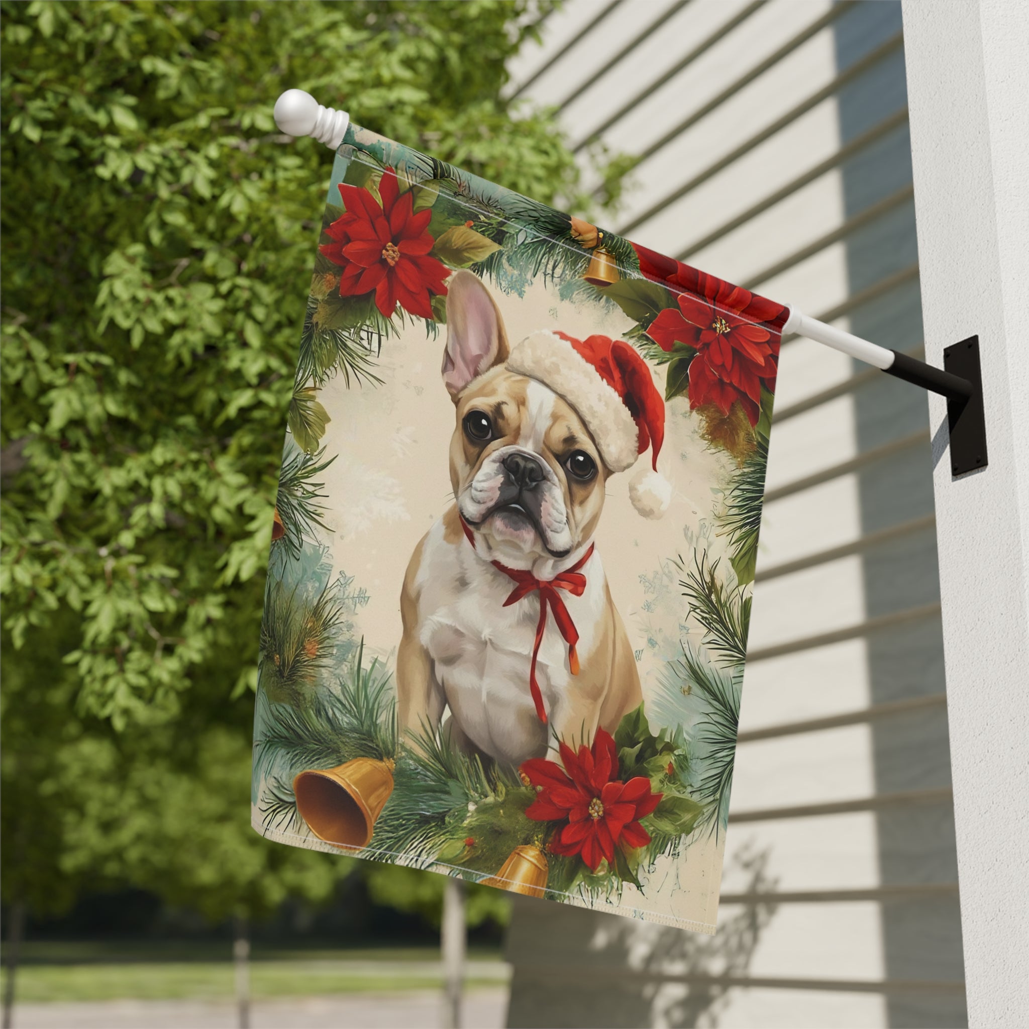 Poinsettia Wreath French Bulldog Garden Flag - double-sided design - Dragonfire Gardens
