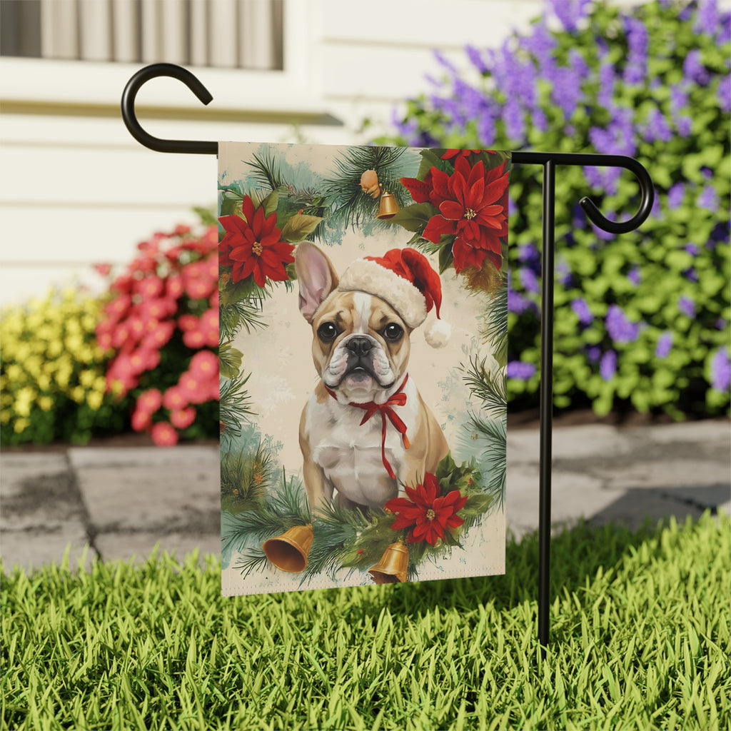 Poinsettia Wreath French Bulldog Garden Flag - close-up detail - Dragonfire Gardens