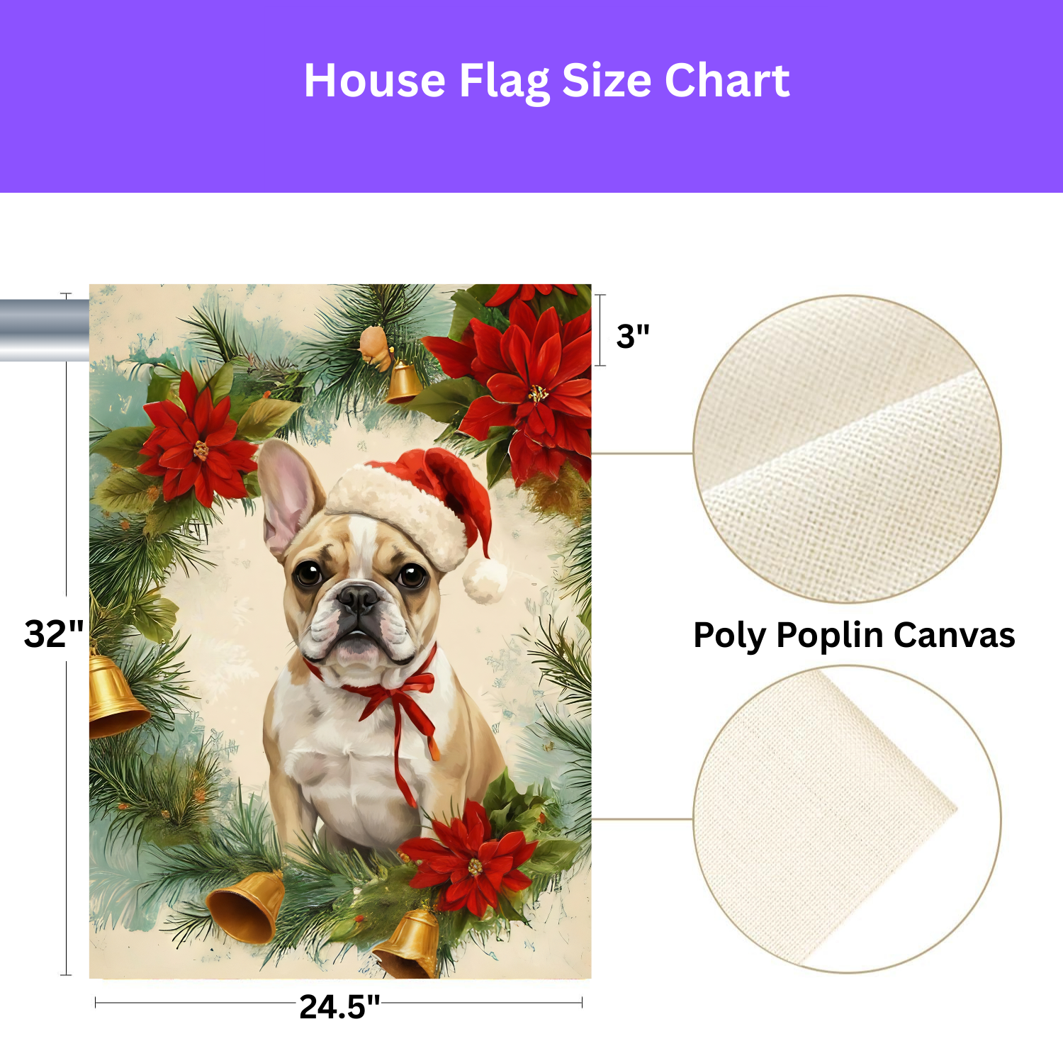 Poinsettia Wreath French Bulldog Garden Flag - size comparison - Dragonfire Gardens