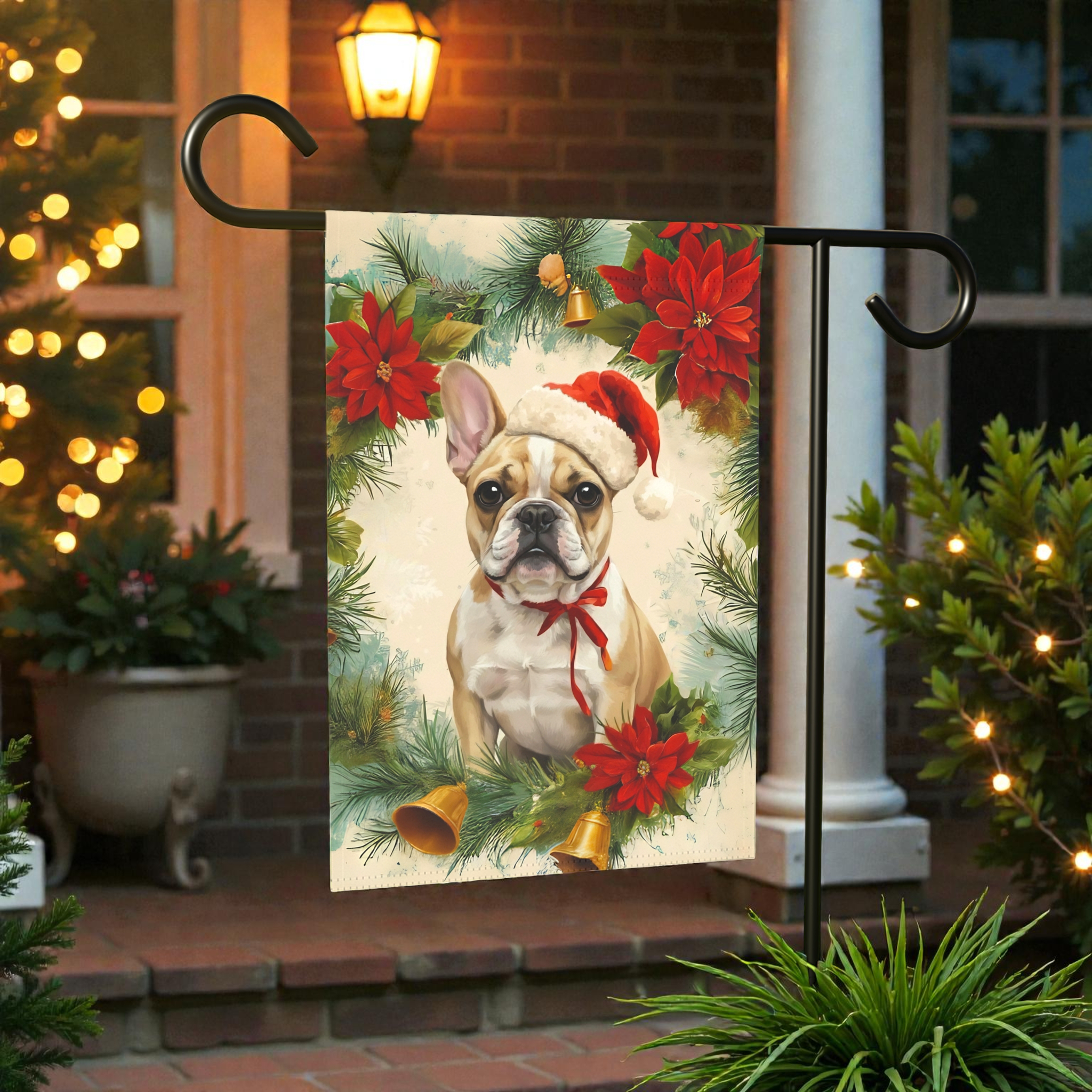 Poinsettia Wreath French Bulldog Garden Flag - front view - Dragonfire Gardens