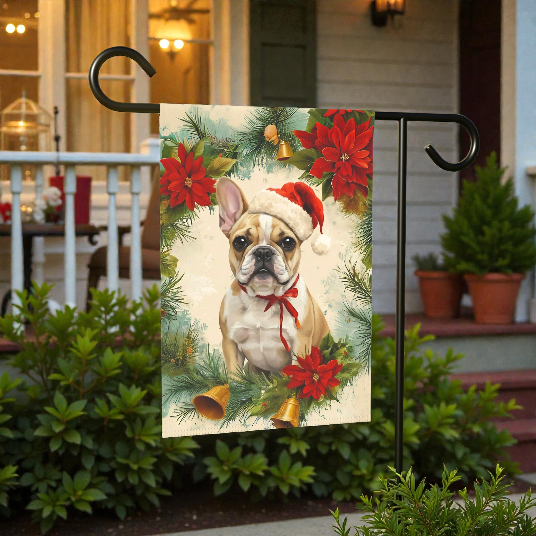 Poinsettia Wreath French Bulldog Garden Flag - lifestyle display - Dragonfire Gardens