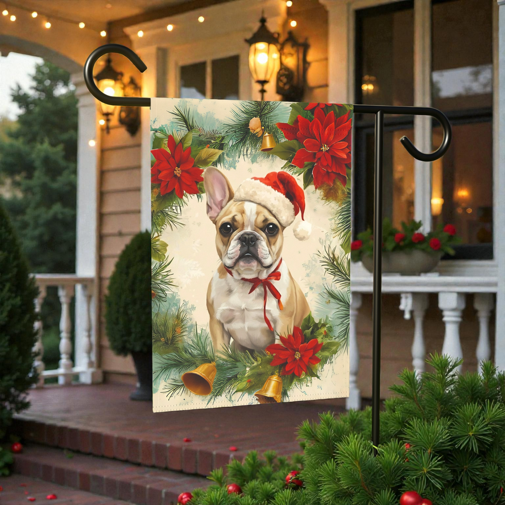 Poinsettia Wreath French Bulldog Garden Flag - outdoor display - Dragonfire Gardens