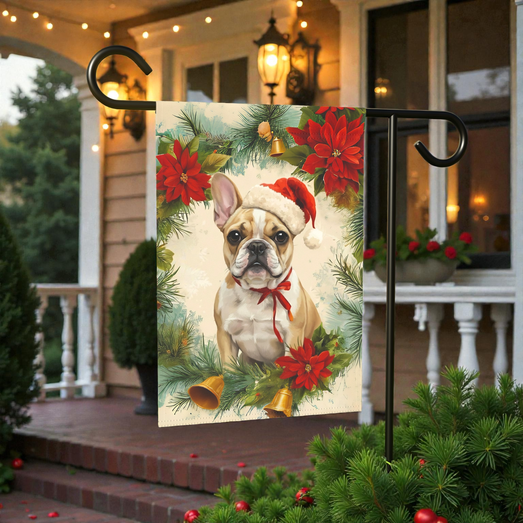 Poinsettia Wreath French Bulldog Garden Flag - outdoor display - Dragonfire Gardens