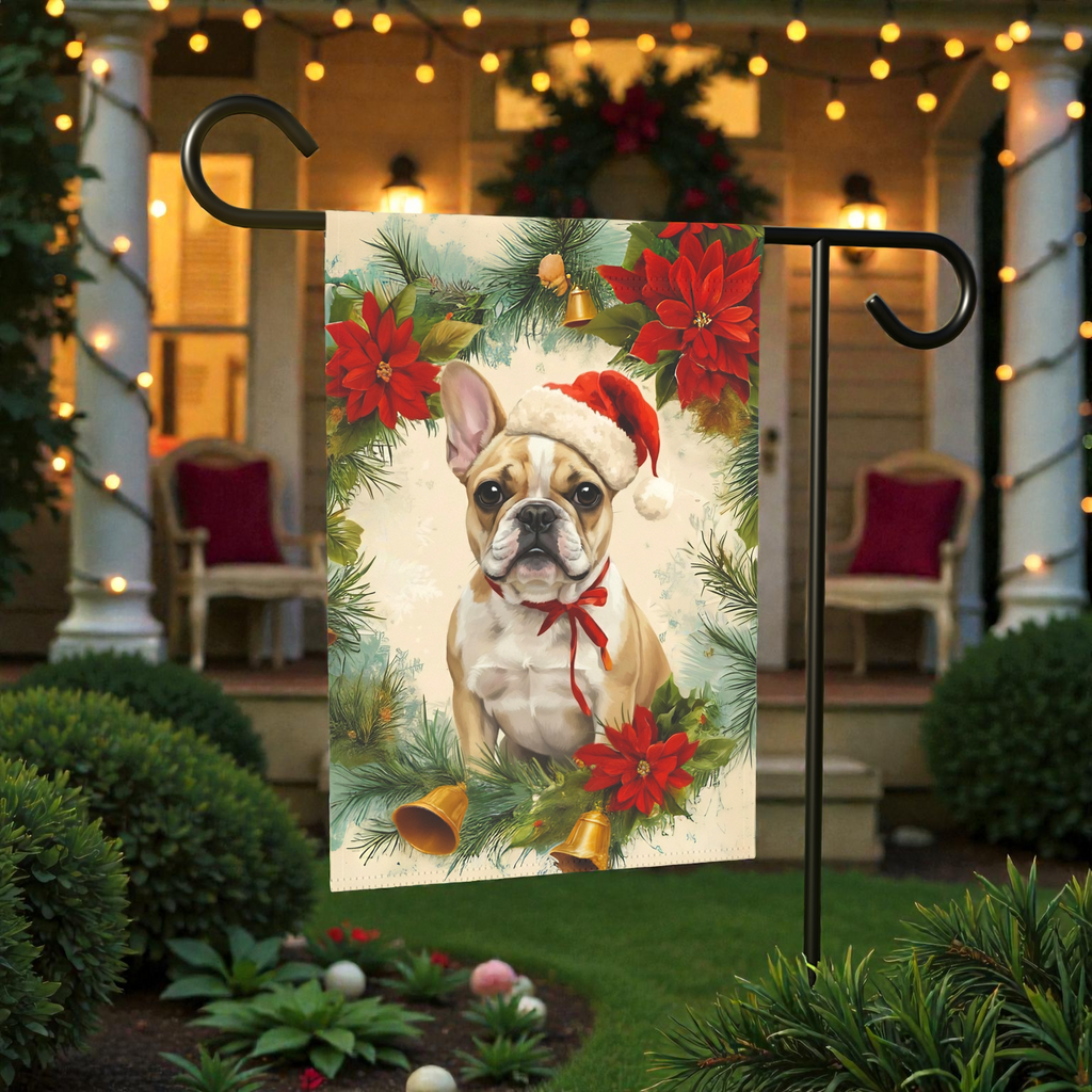 Poinsettia Wreath French Bulldog Garden Flag - product detail - Dragonfire Gardens