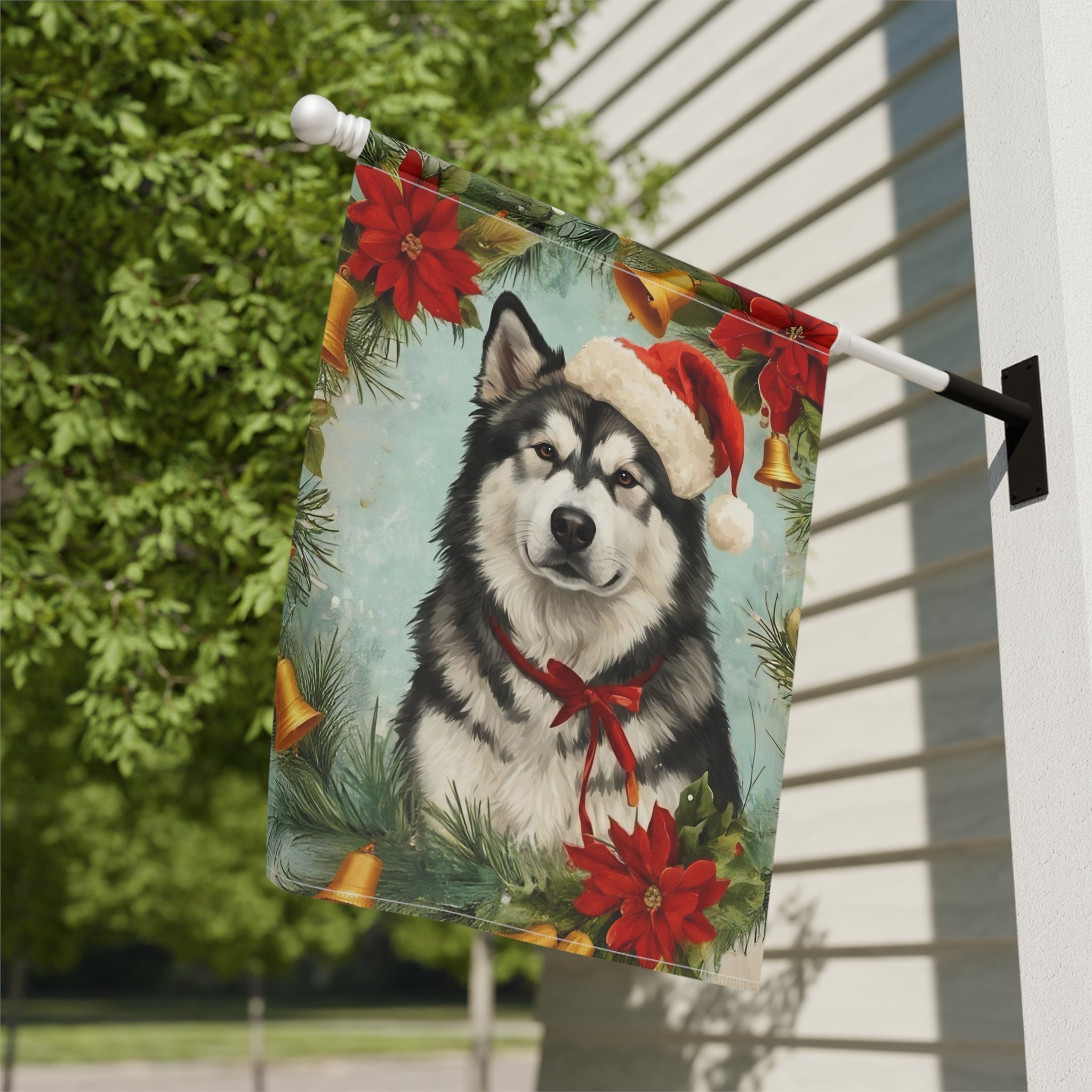 Poinsettia Wreath Alaskan Malamute Garden Flag - double-sided design - Dragonfire Gardens