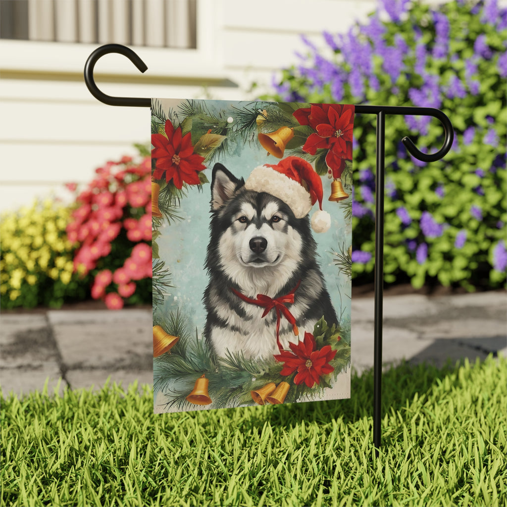 Poinsettia Wreath Alaskan Malamute Garden Flag - close-up detail - Dragonfire Gardens