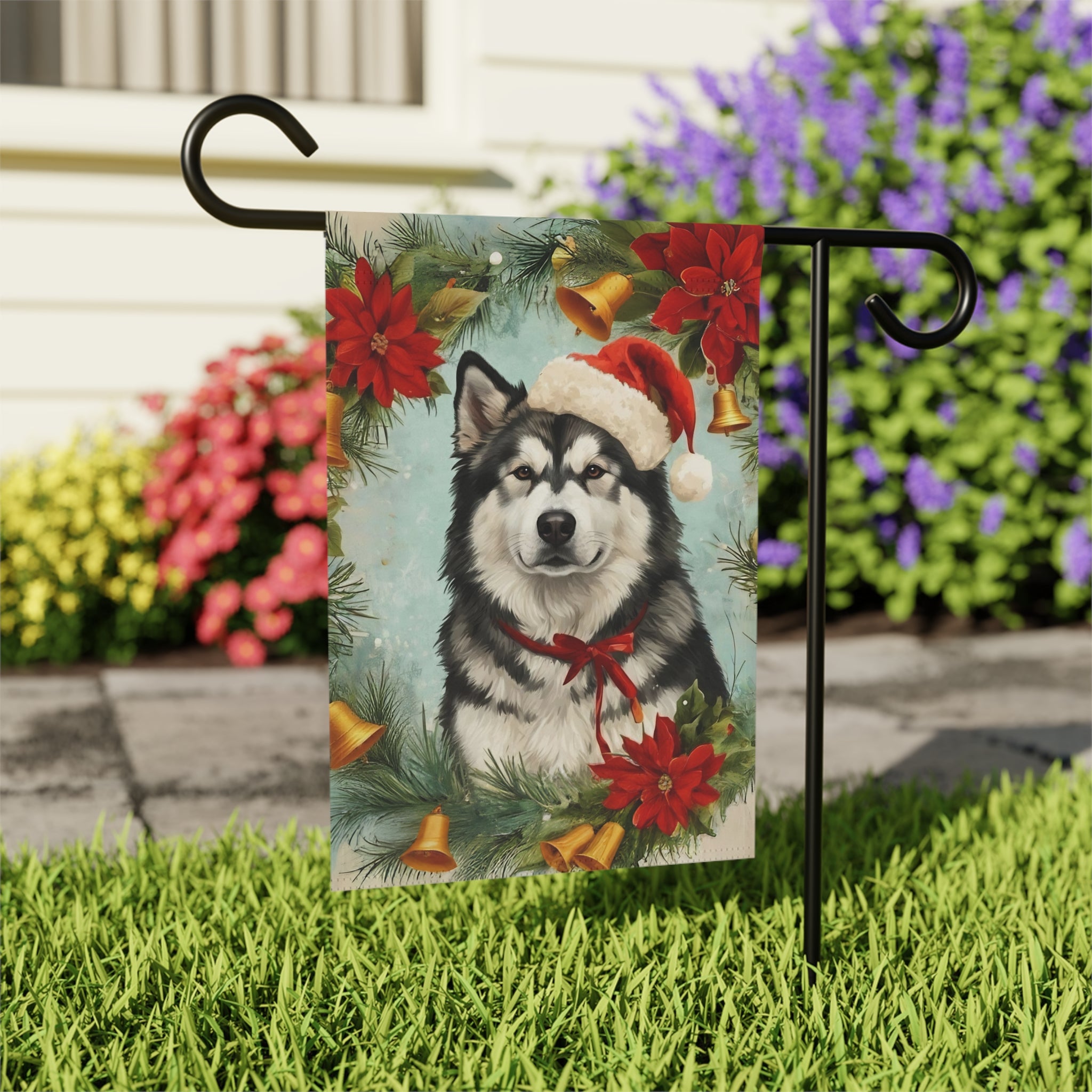 Poinsettia Wreath Alaskan Malamute Garden Flag - close-up detail - Dragonfire Gardens