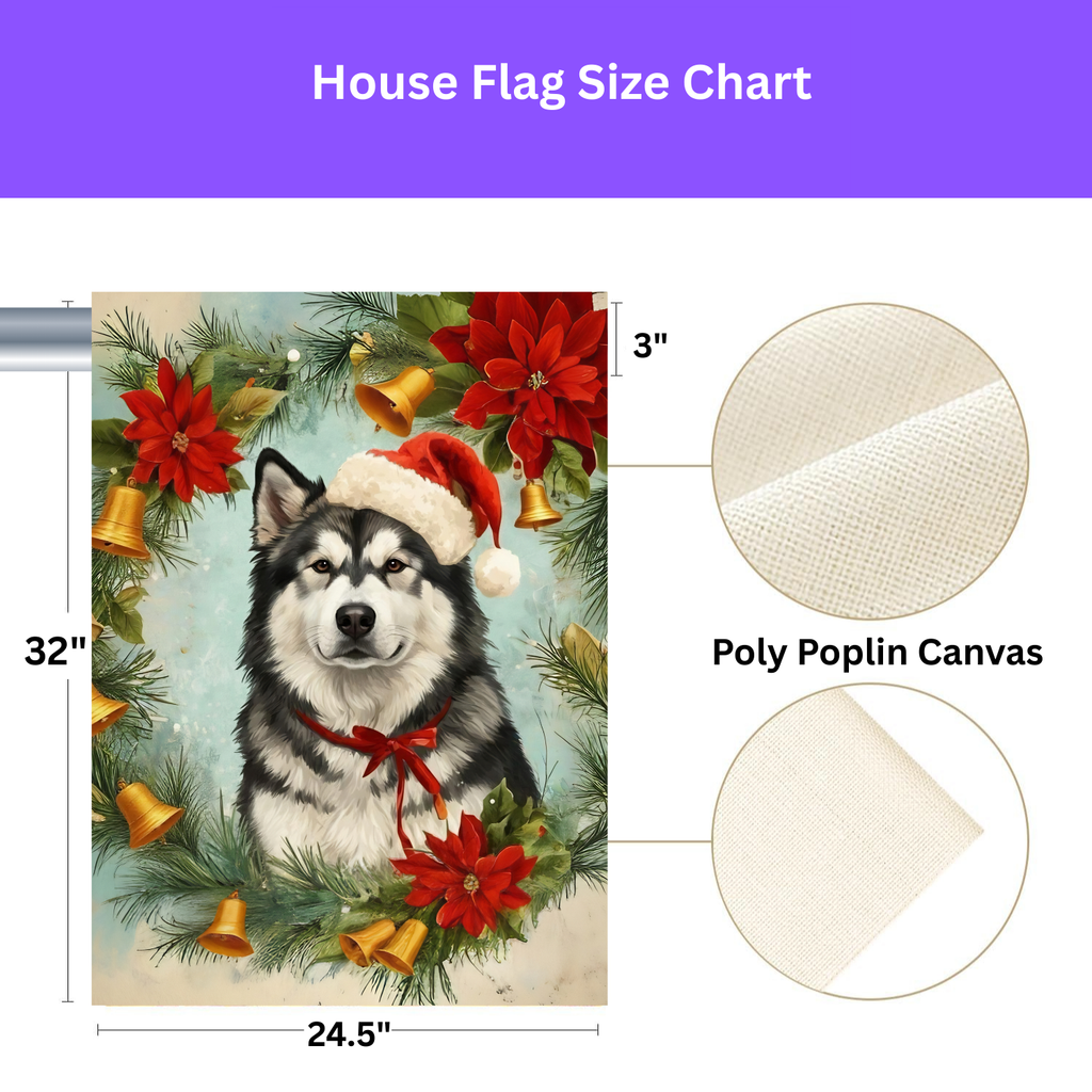 Poinsettia Wreath Alaskan Malamute Garden Flag - porch decor - Dragonfire Gardens