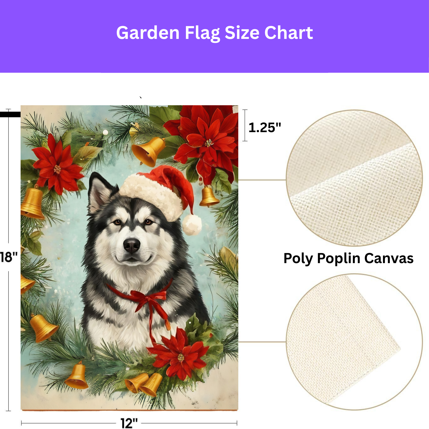 Poinsettia Wreath Alaskan Malamute Garden Flag - size comparison - Dragonfire Gardens