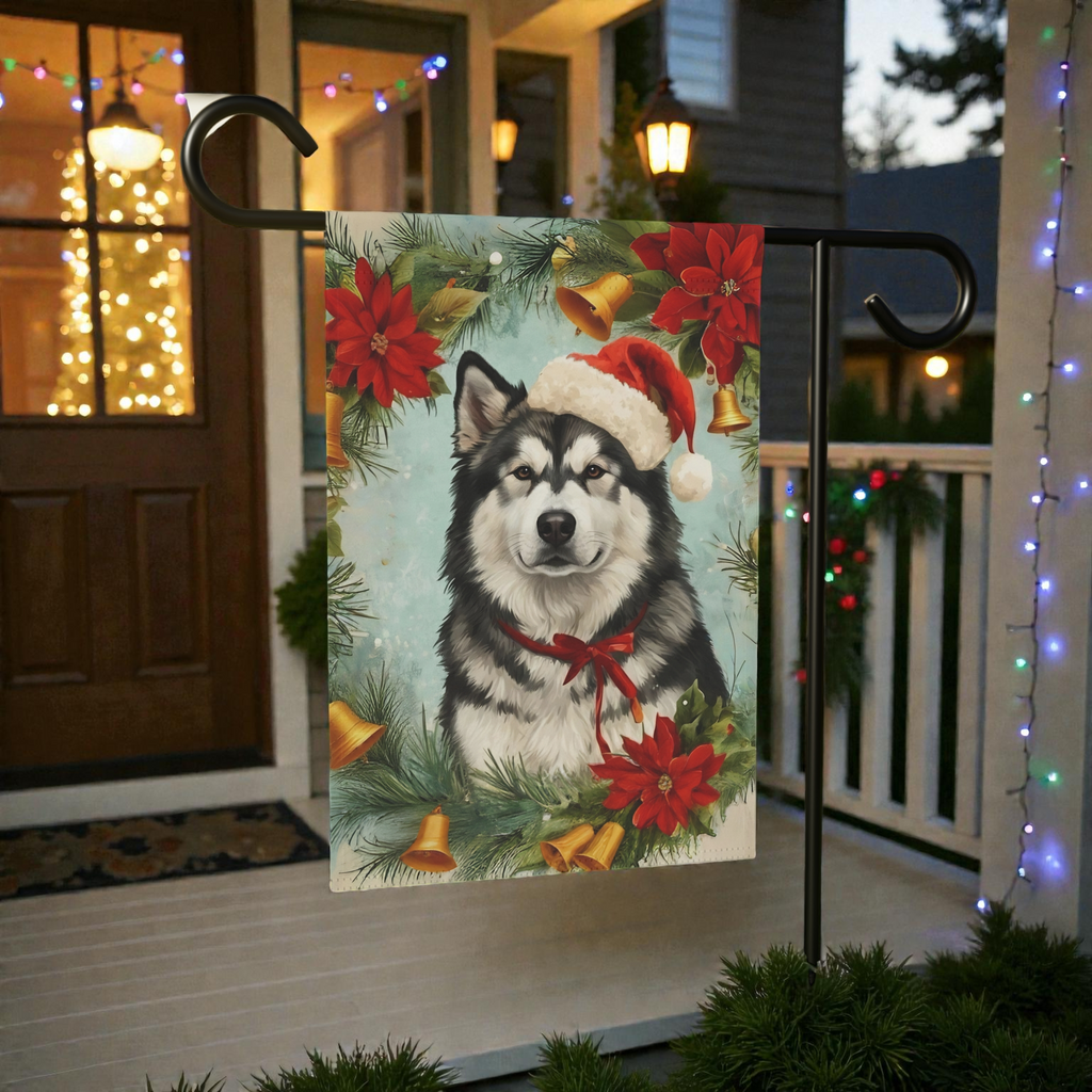 Poinsettia Wreath Alaskan Malamute Garden Flag - front view - Dragonfire Gardens