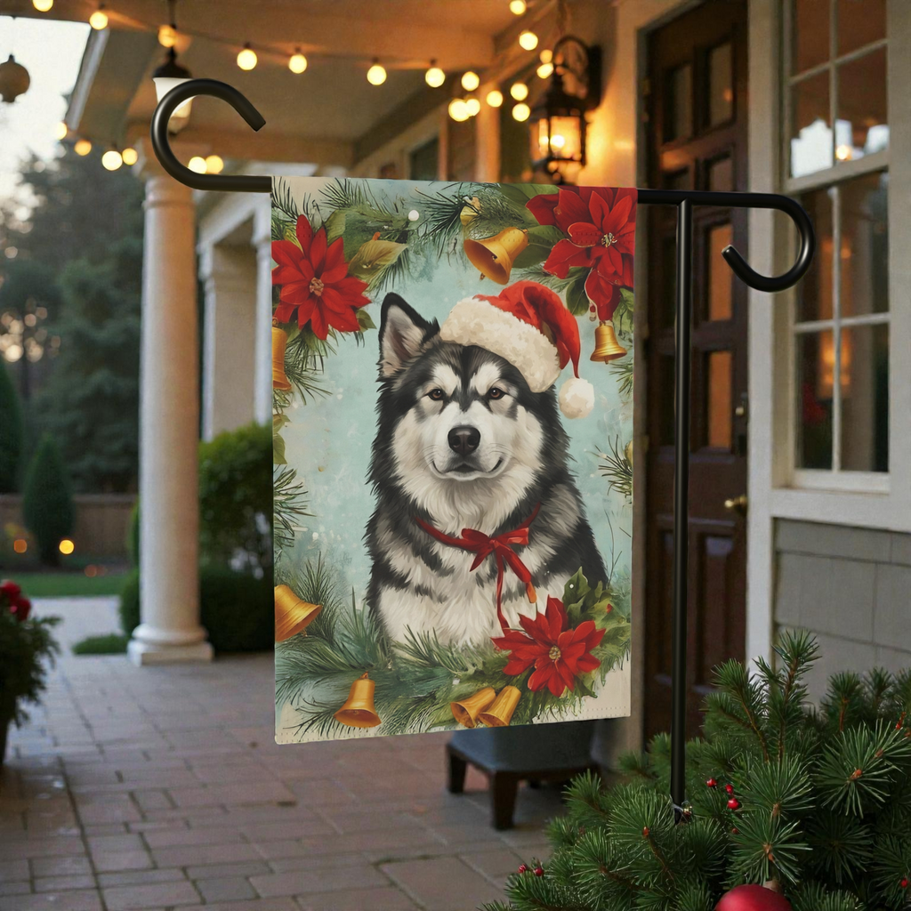 Poinsettia Wreath Alaskan Malamute Garden Flag - outdoor display - Dragonfire Gardens