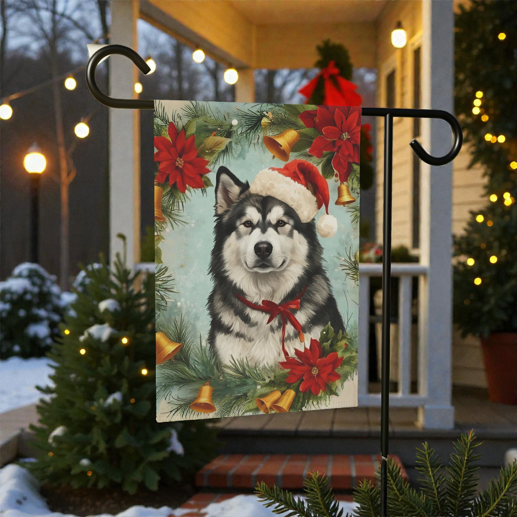 Poinsettia Wreath Alaskan Malamute Garden Flag - lifestyle display - Dragonfire Gardens