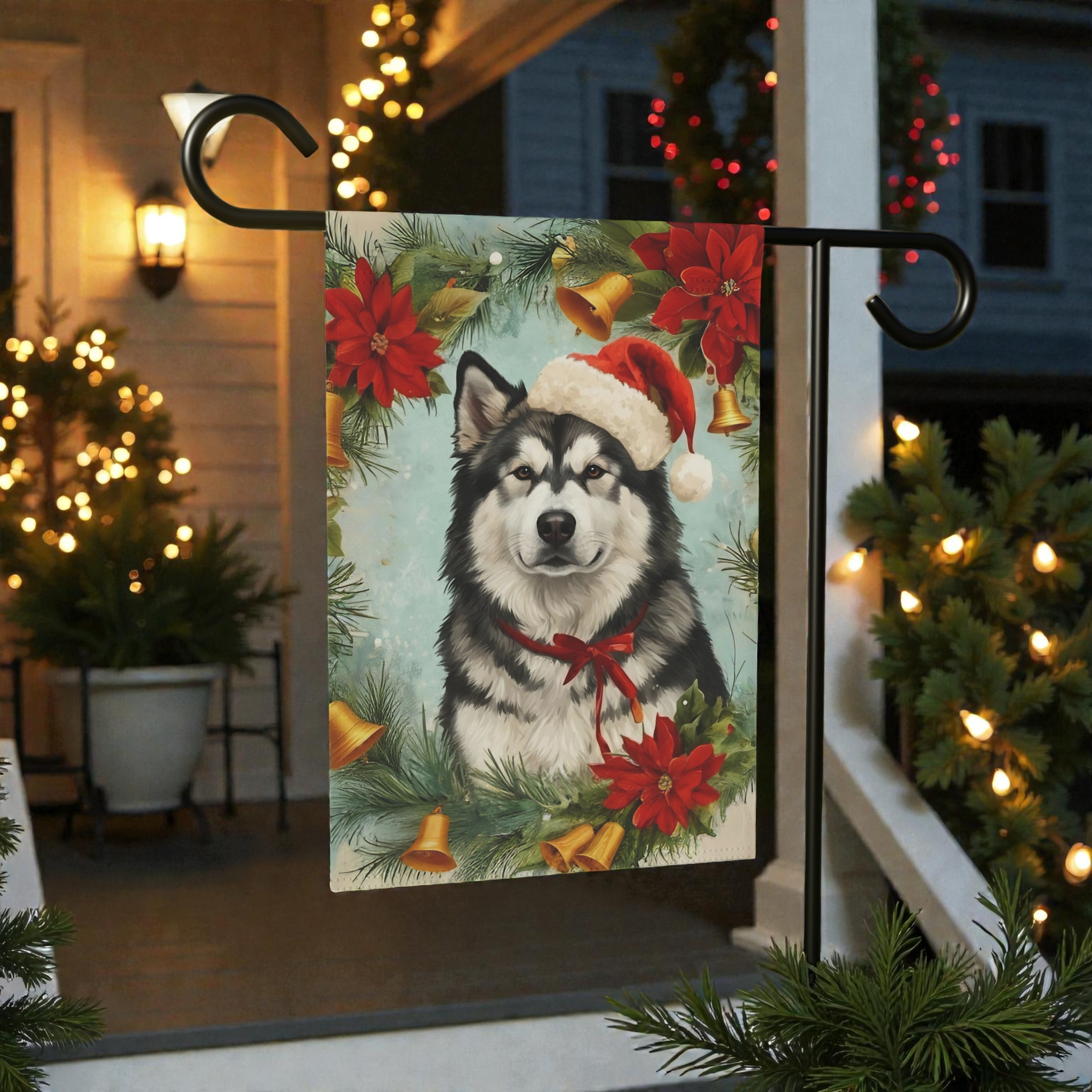 Poinsettia Wreath Alaskan Malamute Garden Flag - product detail - Dragonfire Gardens