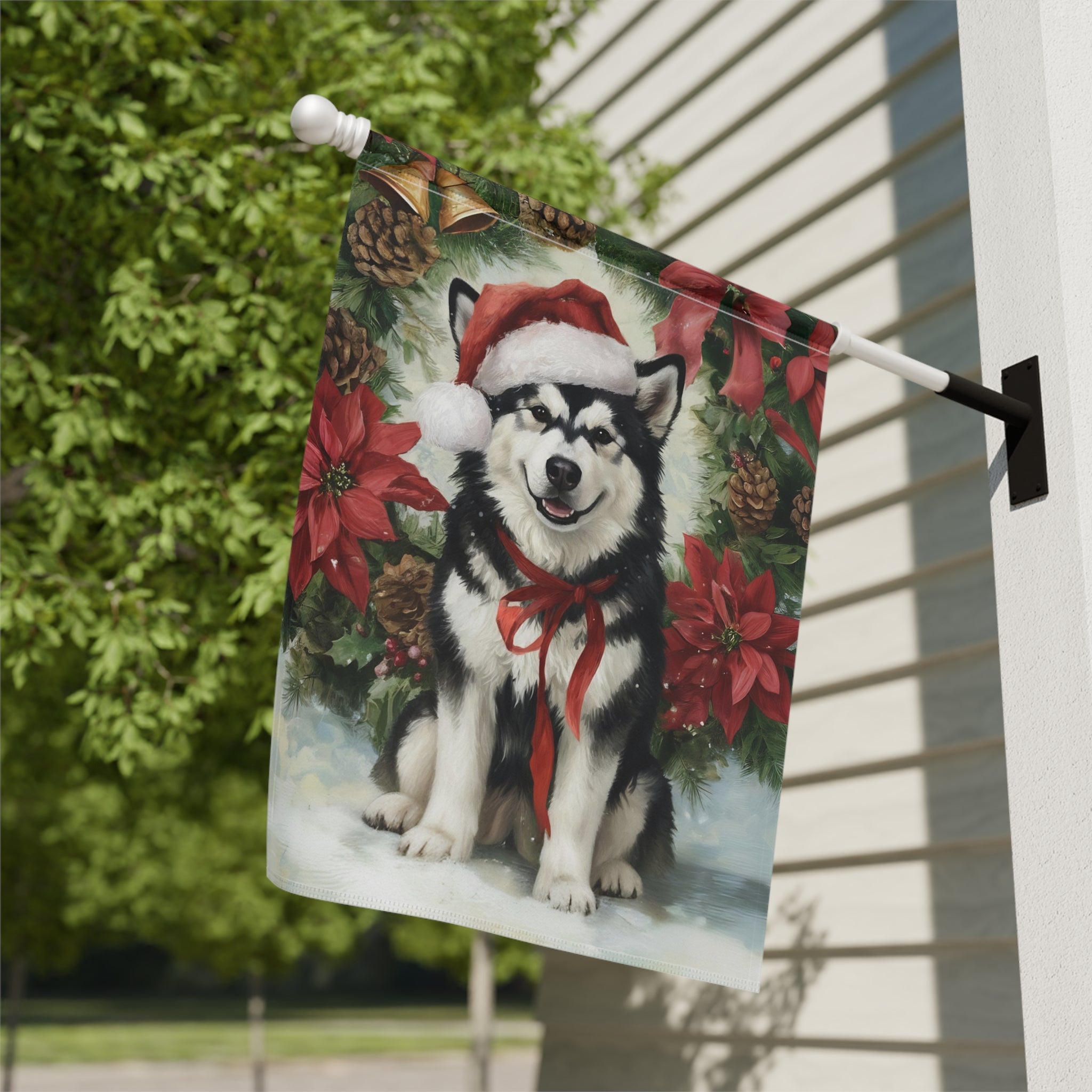 Poinsettia and Pinecone Wreath Alaskan Malamute Garden Flag - double-sided design - Dragonfire Gardens