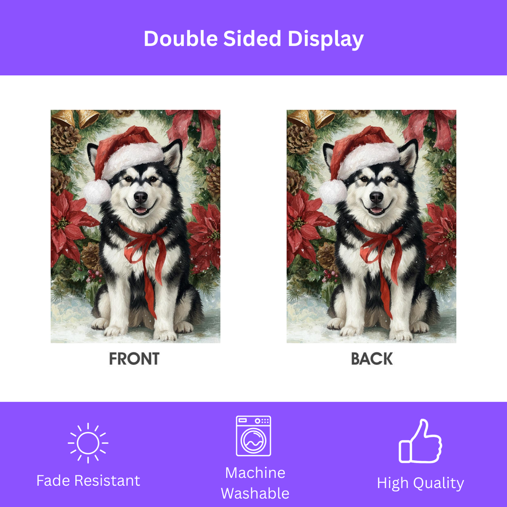 Poinsettia and Pinecone Wreath Alaskan Malamute Garden Flag - yard display - Dragonfire Gardens