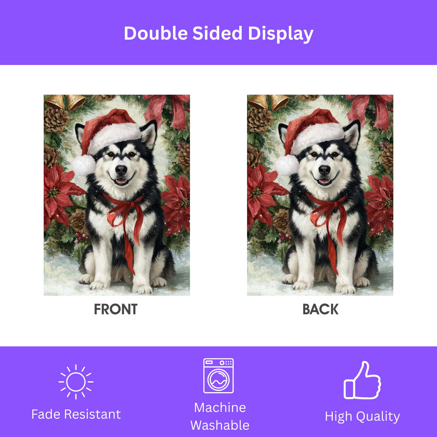 Poinsettia and Pinecone Wreath Alaskan Malamute Garden Flag - yard display - Dragonfire Gardens