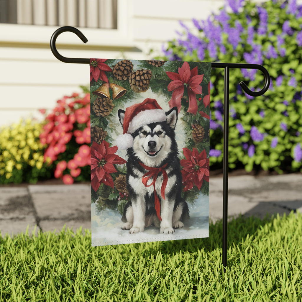 Poinsettia and Pinecone Wreath Alaskan Malamute Garden Flag - close-up detail - Dragonfire Gardens