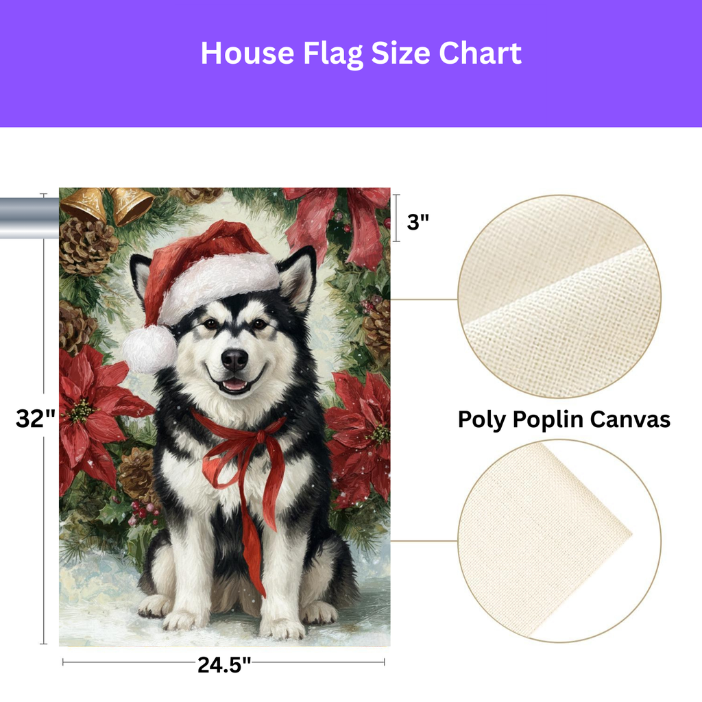 Poinsettia and Pinecone Wreath Alaskan Malamute Garden Flag - porch decor - Dragonfire Gardens