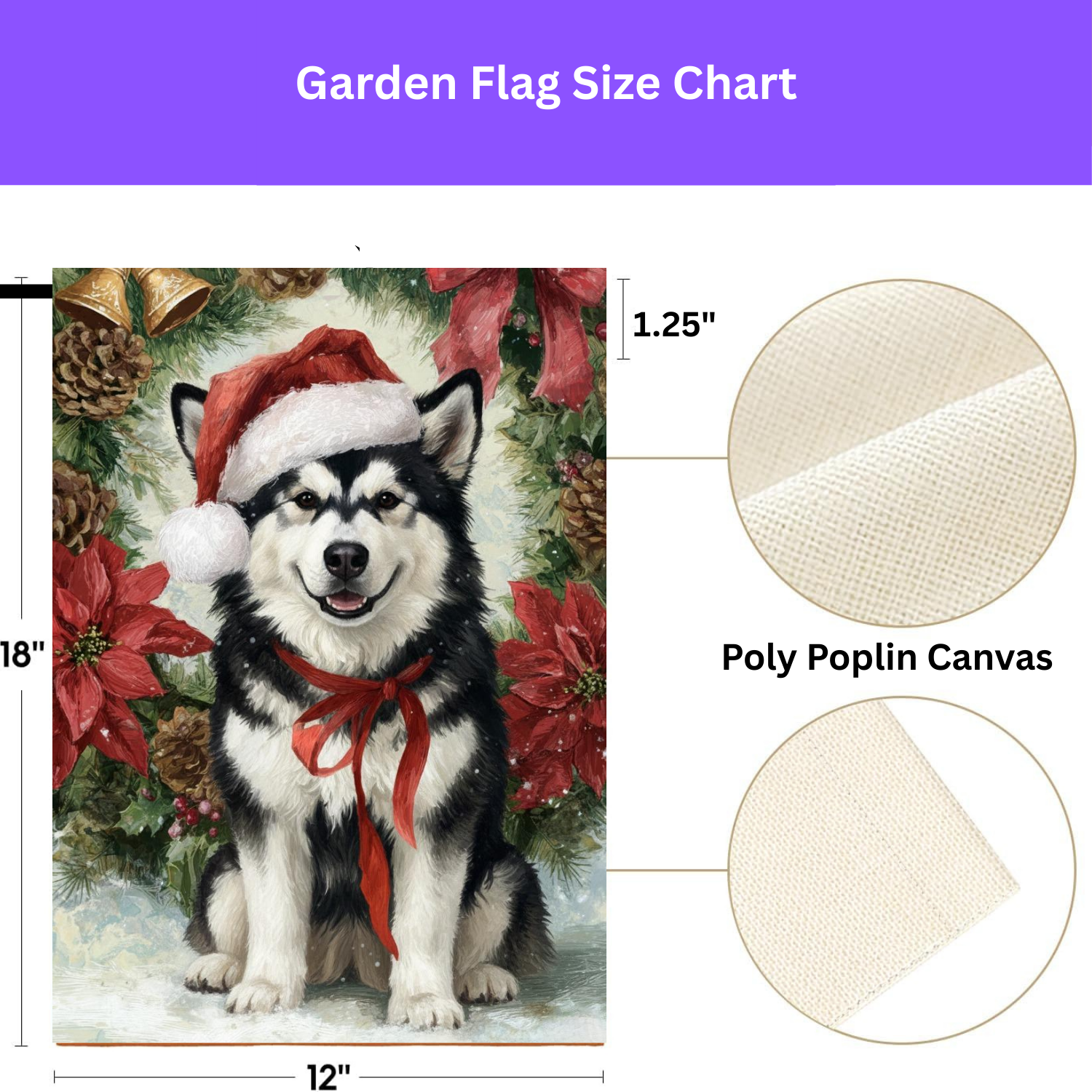 Poinsettia and Pinecone Wreath Alaskan Malamute Garden Flag - size comparison - Dragonfire Gardens