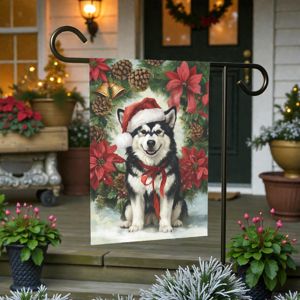 Poinsettia and Pinecone Wreath Alaskan Malamute Garden Flag - outdoor display - Dragonfire Gardens