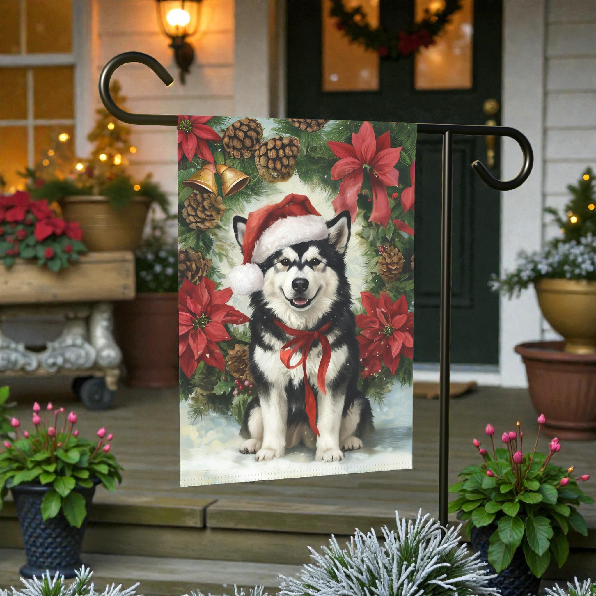 Poinsettia and Pinecone Wreath Alaskan Malamute Garden Flag - outdoor display - Dragonfire Gardens