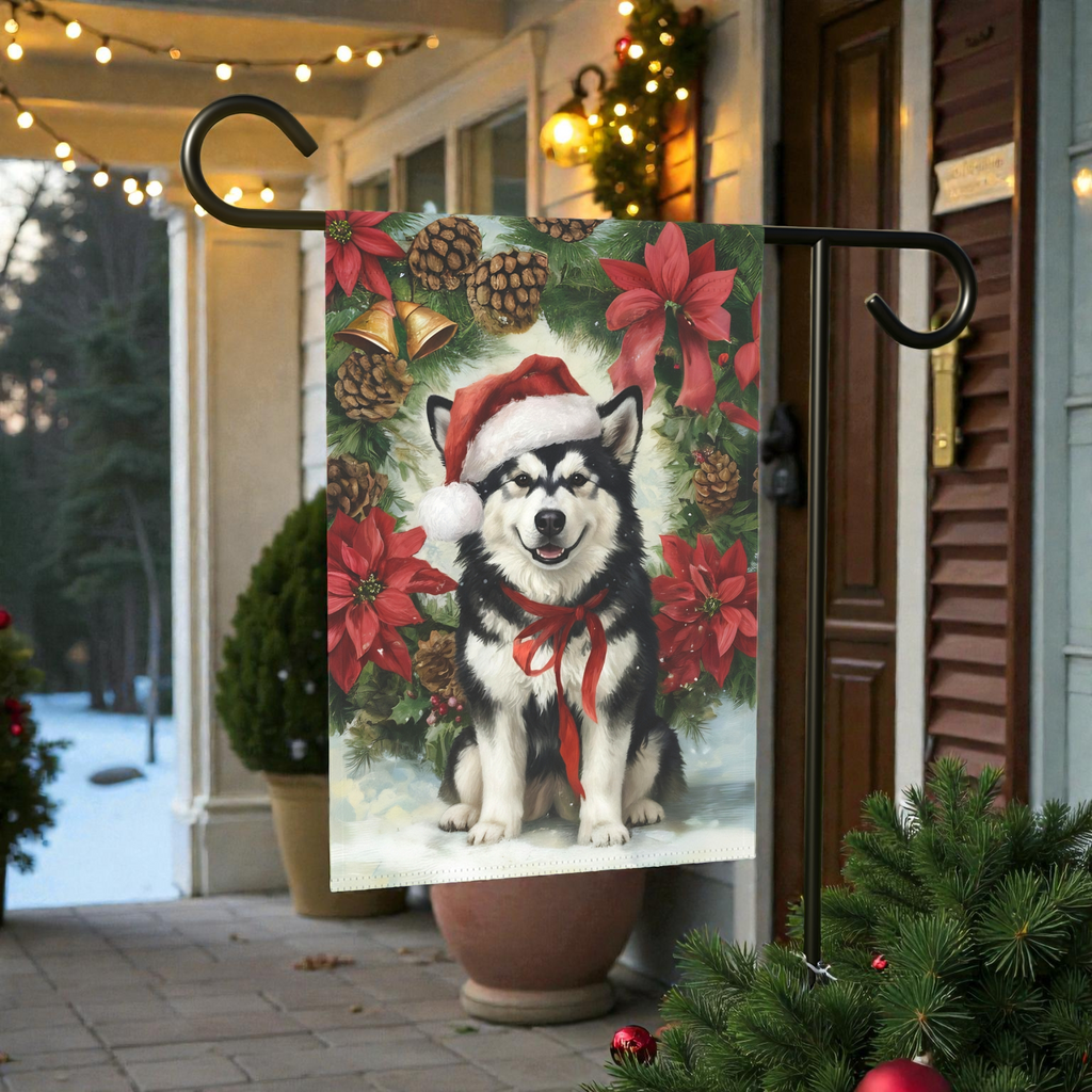 Poinsettia and Pinecone Wreath Alaskan Malamute Garden Flag - lifestyle display - Dragonfire Gardens