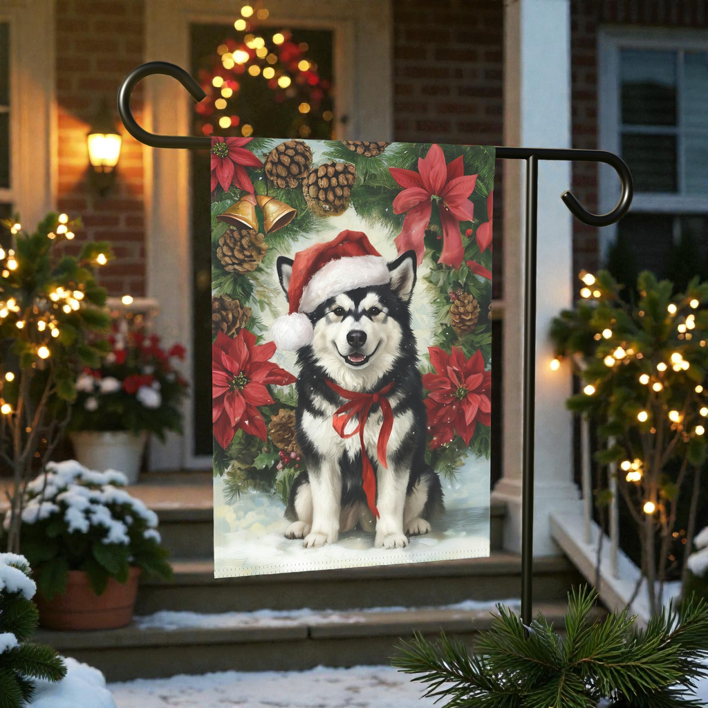 Poinsettia and Pinecone Wreath Alaskan Malamute Garden Flag - front view - Dragonfire Gardens