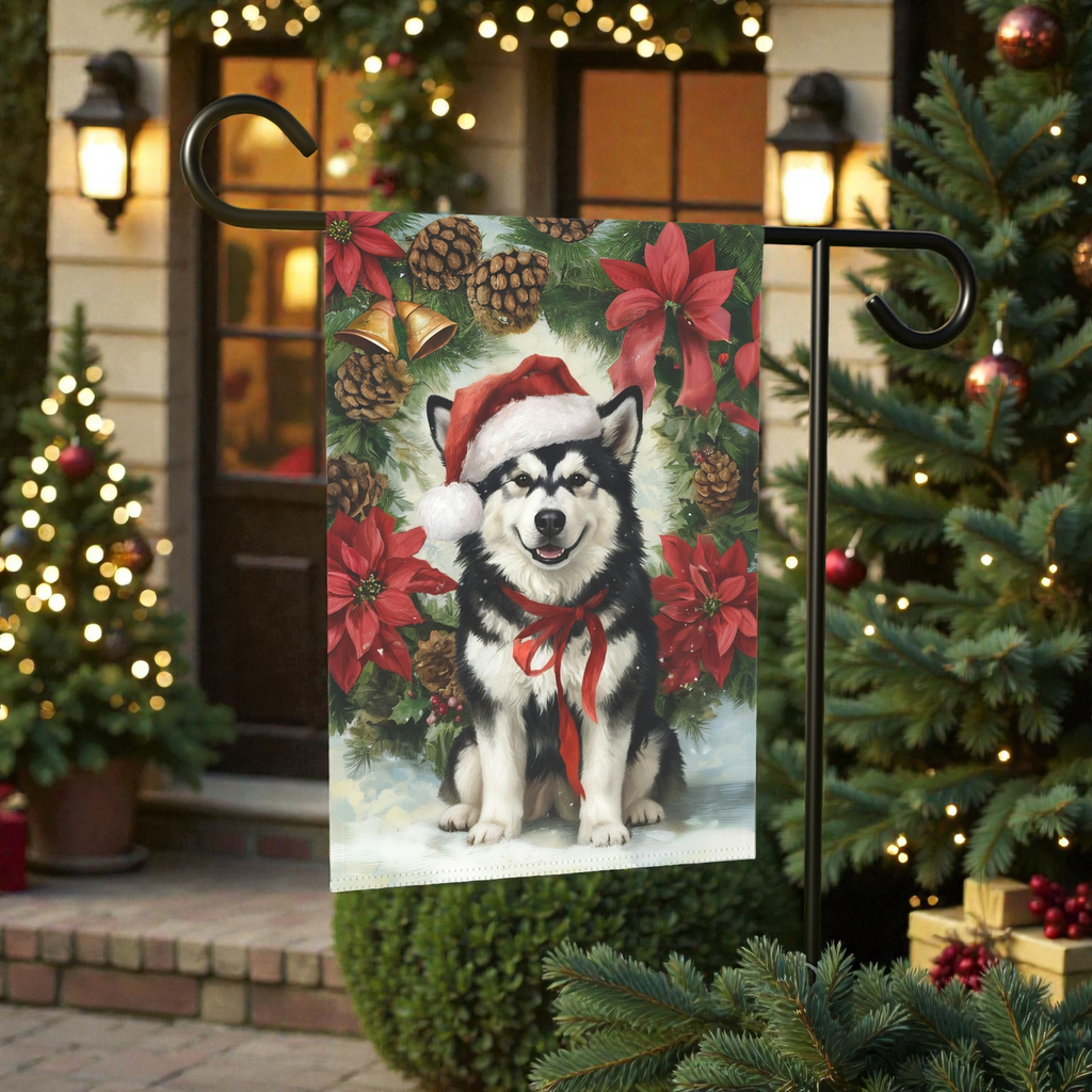 Poinsettia and Pinecone Wreath Alaskan Malamute Garden Flag - product detail - Dragonfire Gardens