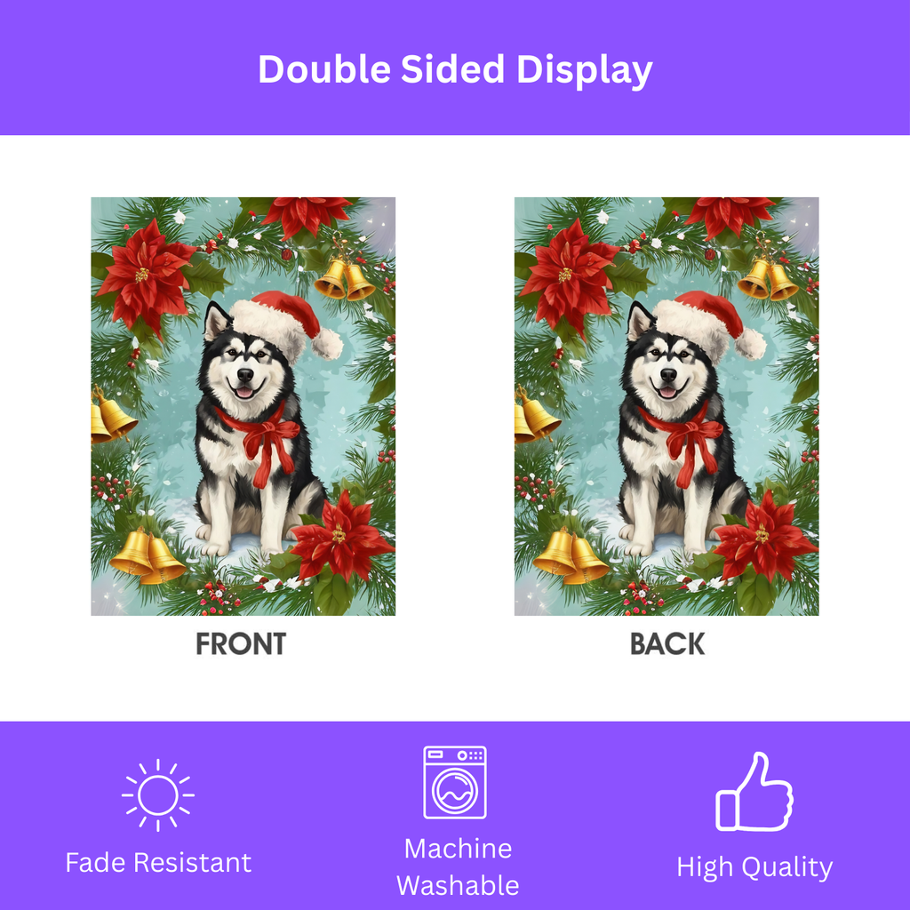 Poinsettia and Bells Alaskan Malamute Christmas Garden Flag - yard display - Dragonfire Gardens