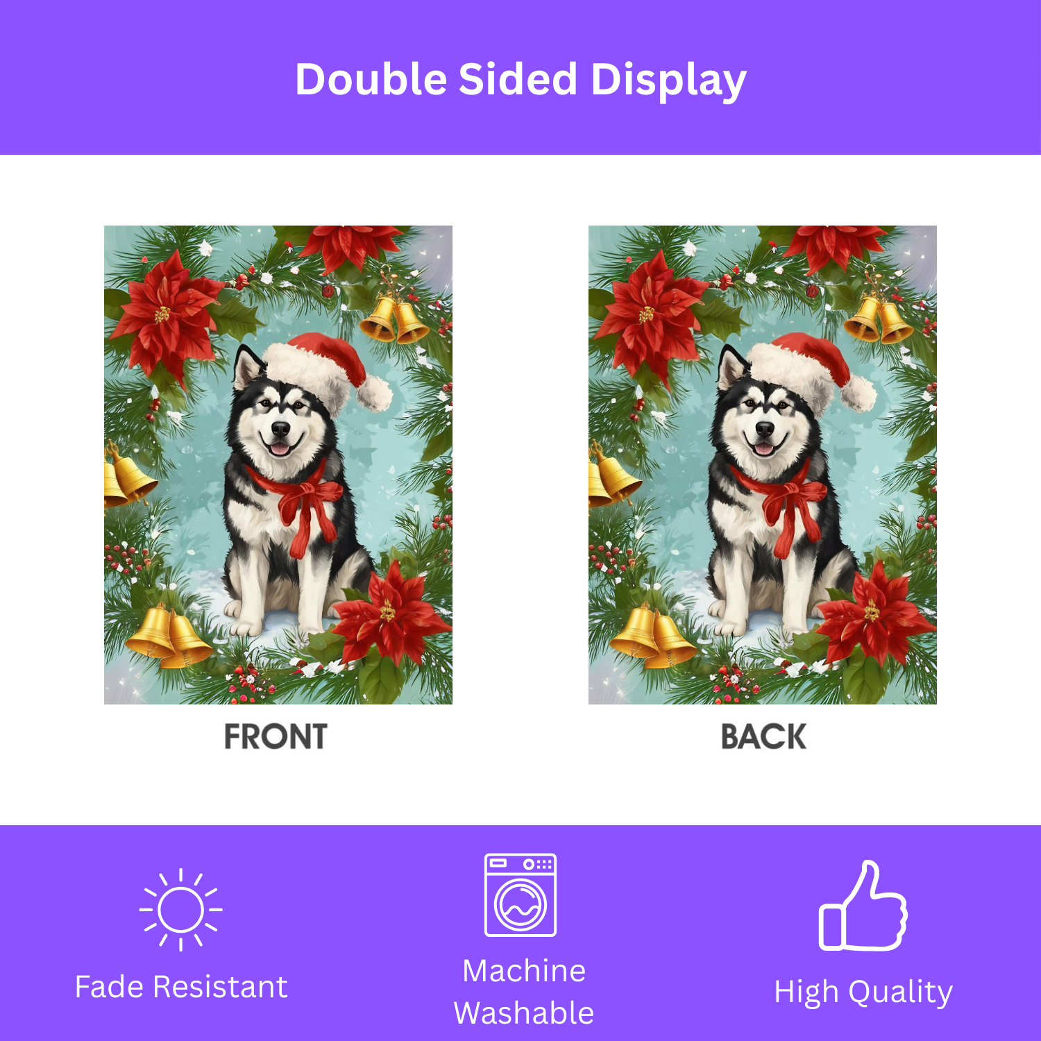 Poinsettia and Bells Alaskan Malamute Christmas Garden Flag - yard display - Dragonfire Gardens