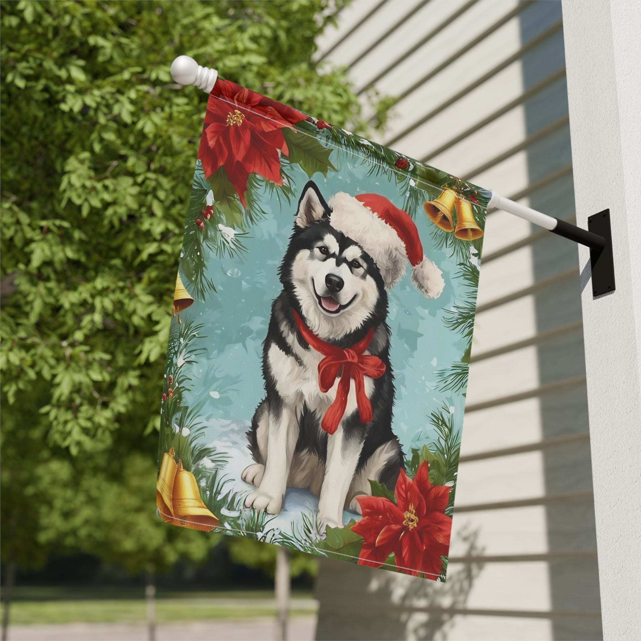 Poinsettia and Bells Alaskan Malamute Christmas Garden Flag - double-sided design - Dragonfire Gardens