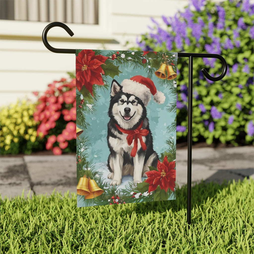 Poinsettia and Bells Alaskan Malamute Christmas Garden Flag - close-up detail - Dragonfire Gardens