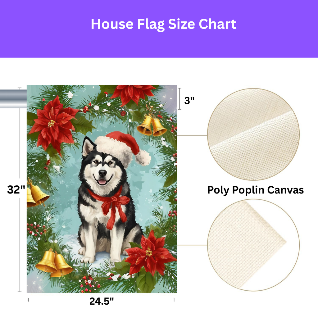 Poinsettia and Bells Alaskan Malamute Christmas Garden Flag - porch decor - Dragonfire Gardens