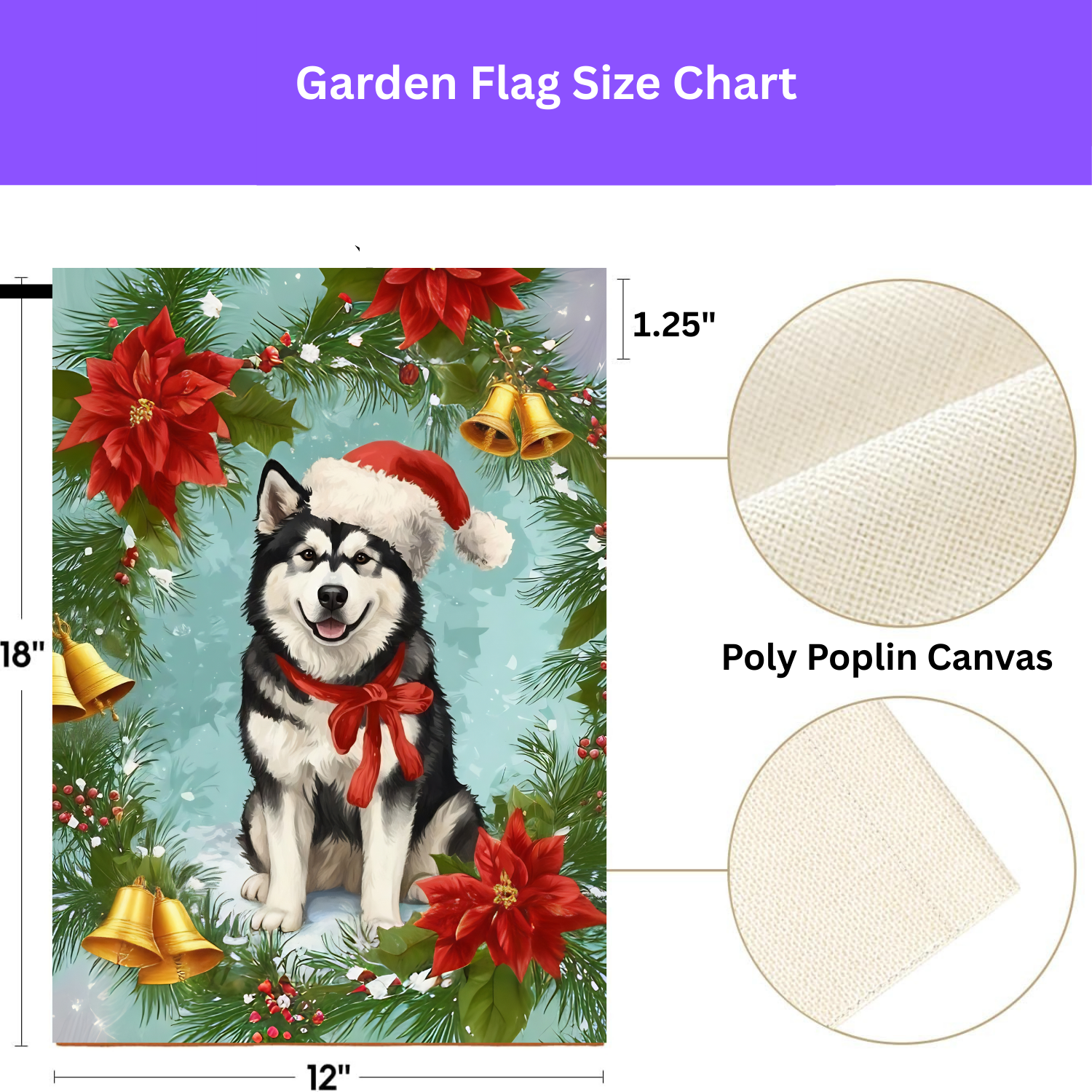 Poinsettia and Bells Alaskan Malamute Christmas Garden Flag - size comparison - Dragonfire Gardens