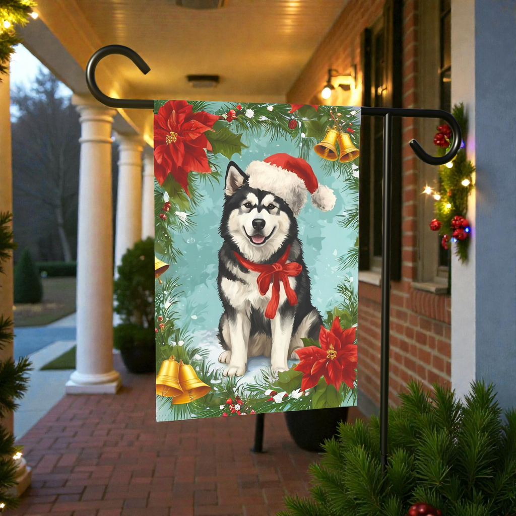 Poinsettia and Bells Alaskan Malamute Christmas Garden Flag - front view - Dragonfire Gardens