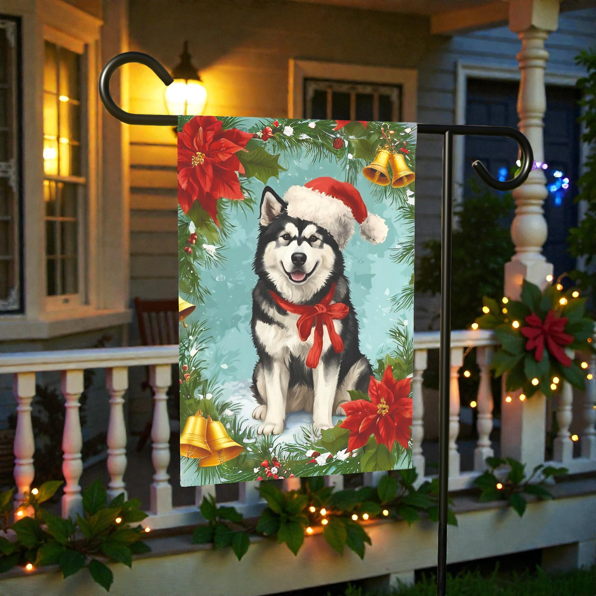Poinsettia and Bells Alaskan Malamute Christmas Garden Flag - outdoor display - Dragonfire Gardens