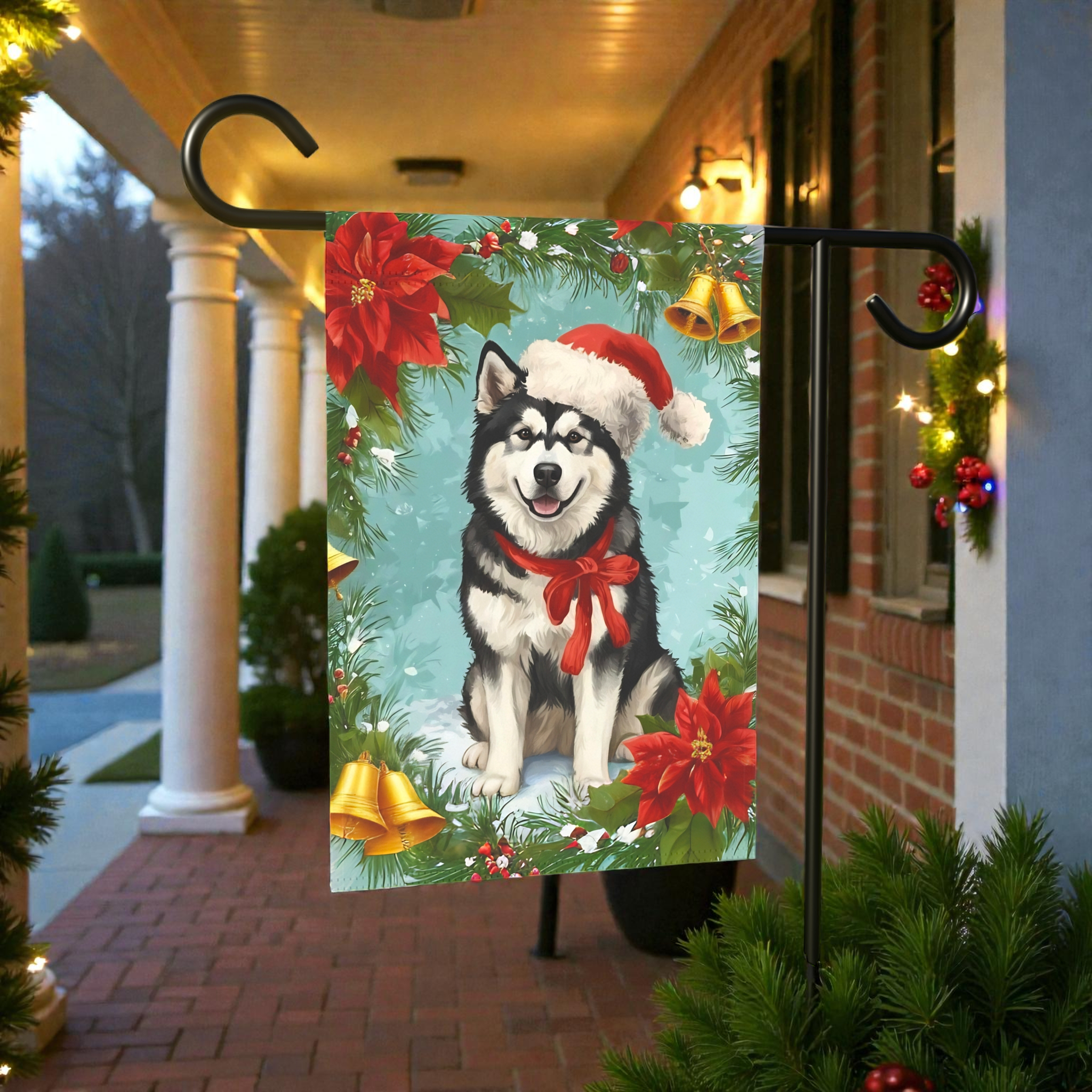 Poinsettia and Bells Alaskan Malamute Christmas Garden Flag - lifestyle display - Dragonfire Gardens