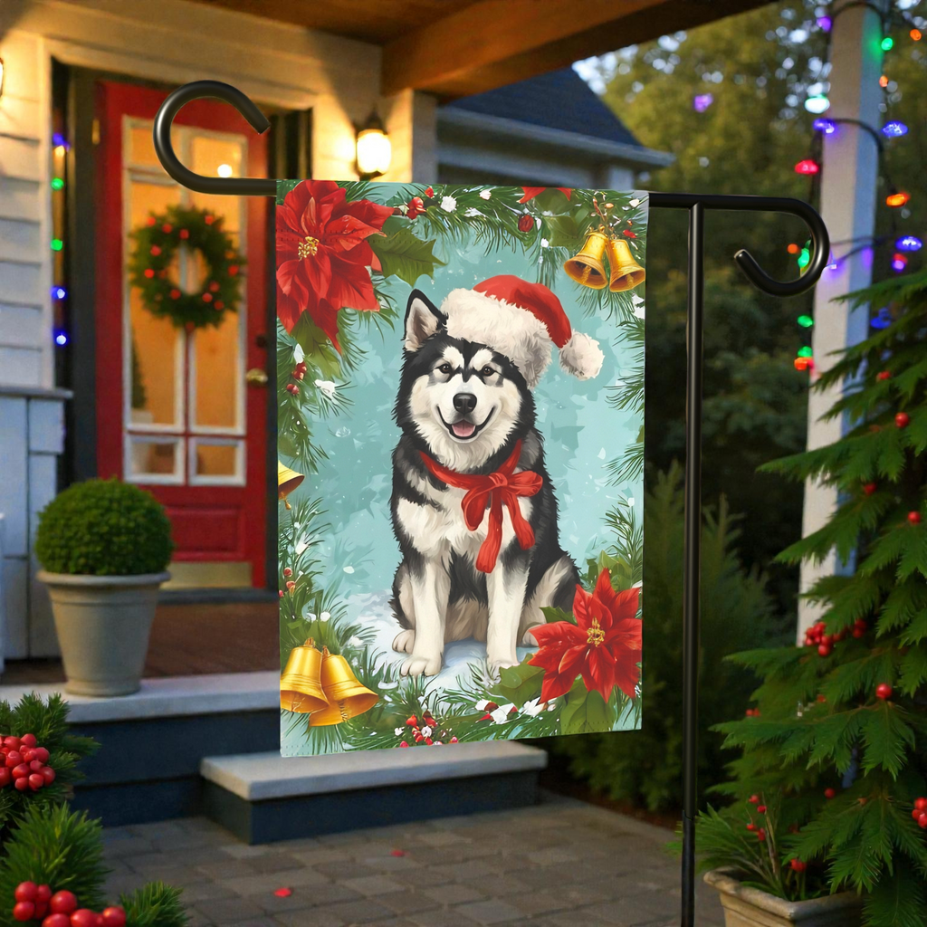 Poinsettia and Bells Alaskan Malamute Christmas Garden Flag - product detail - Dragonfire Gardens