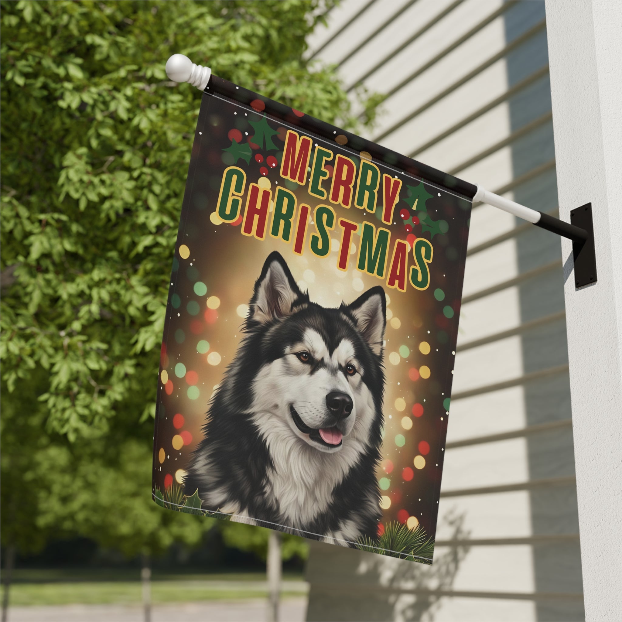 Merry Christmas in Lights Alaskan Malamute Garden Flag - double-sided design - Dragonfire Gardens