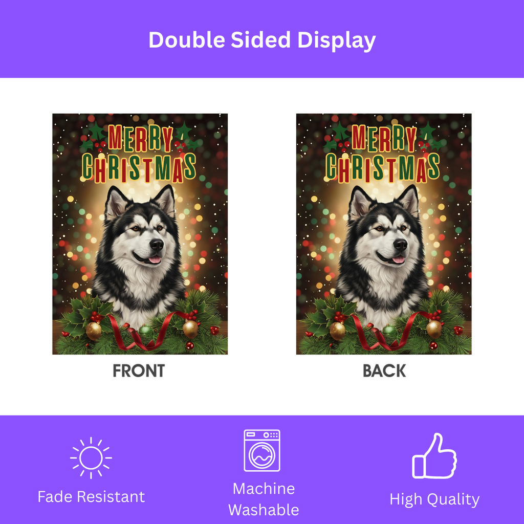Merry Christmas in Lights Alaskan Malamute Garden Flag - yard display - Dragonfire Gardens