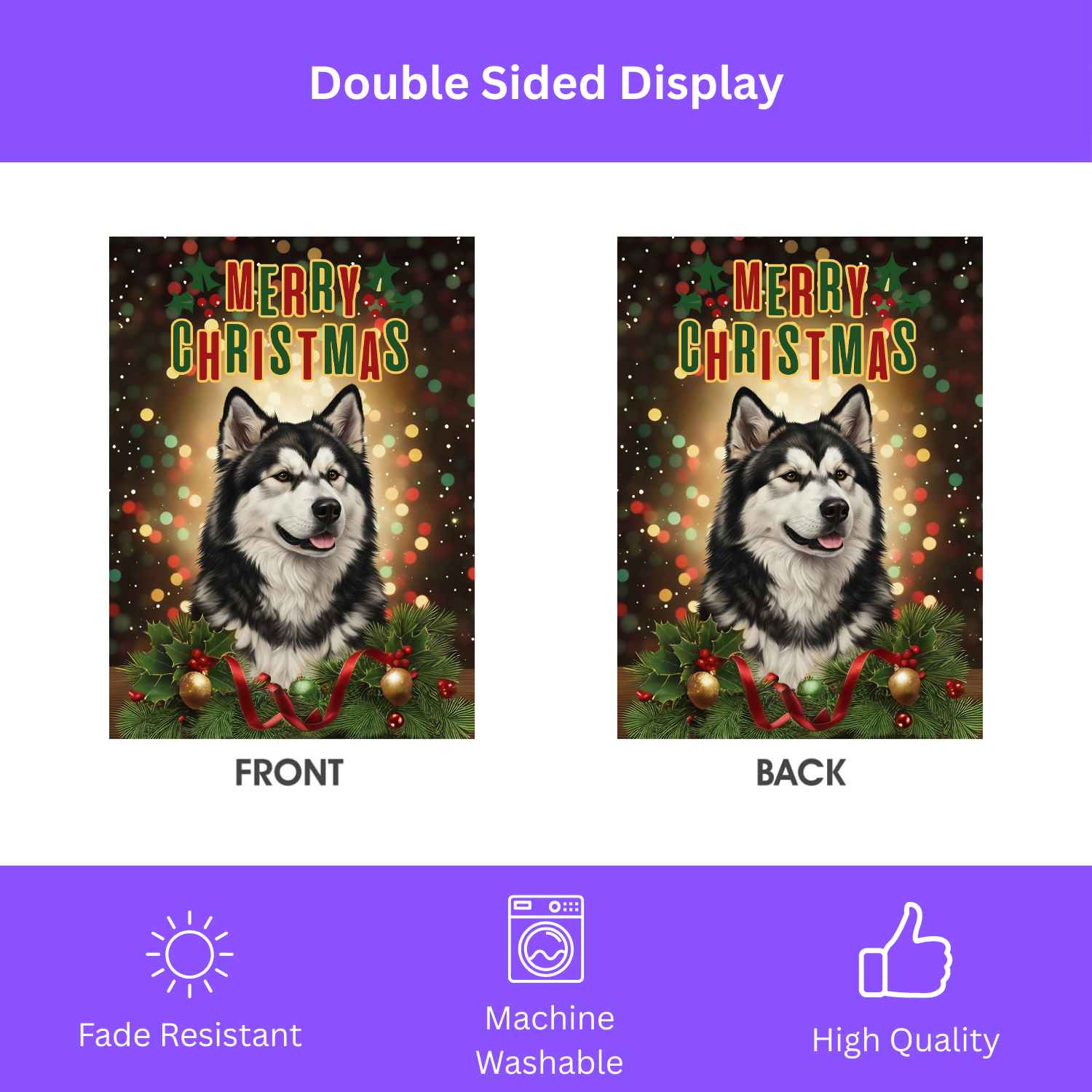 Merry Christmas in Lights Alaskan Malamute Garden Flag - yard display - Dragonfire Gardens