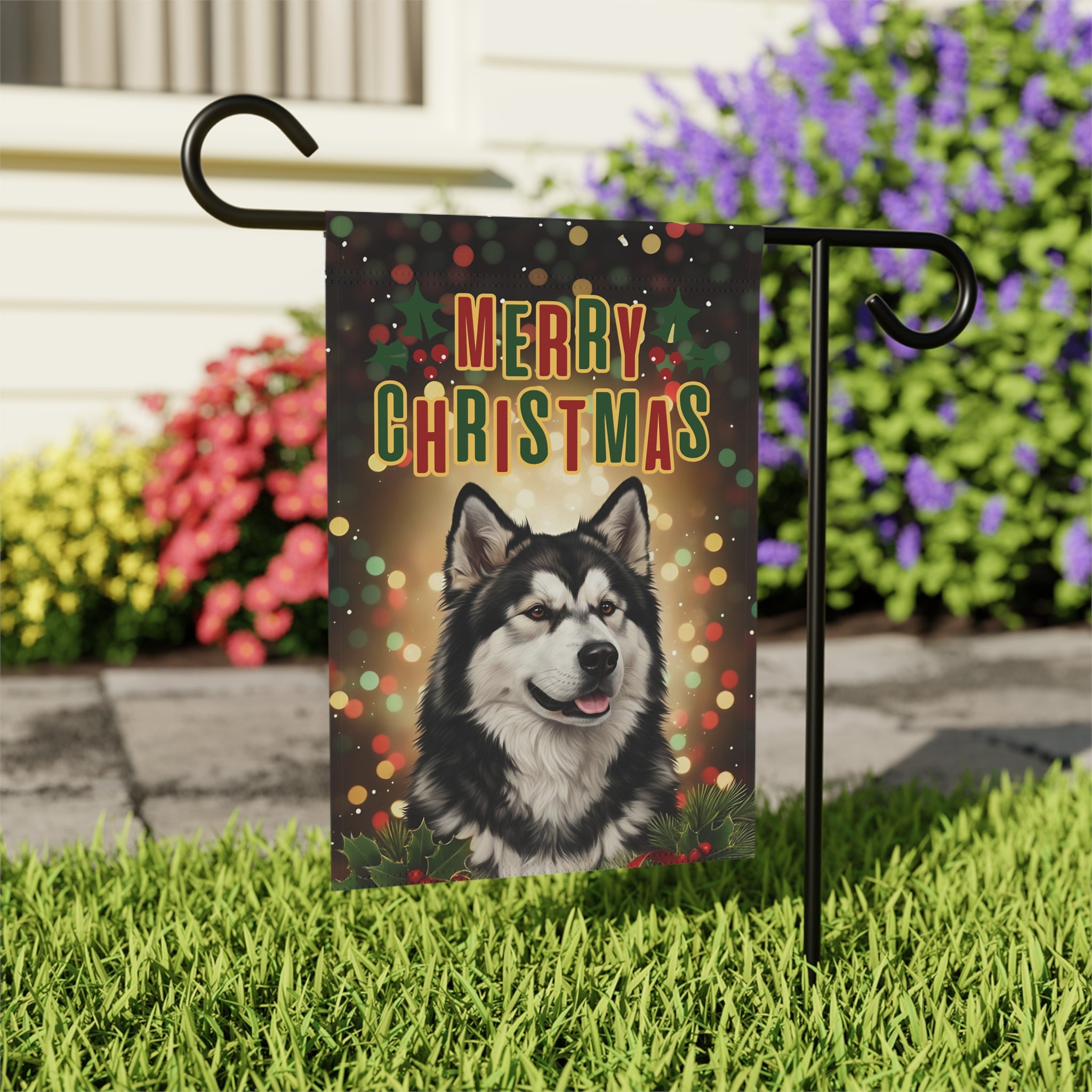 Merry Christmas in Lights Alaskan Malamute Garden Flag - close-up detail - Dragonfire Gardens