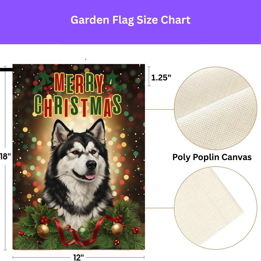 Merry Christmas in Lights Alaskan Malamute Garden Flag - size comparison - Dragonfire Gardens