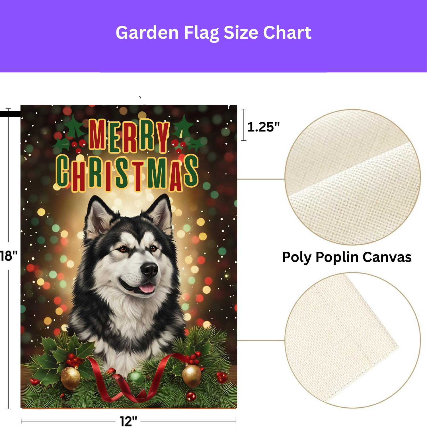 Merry Christmas in Lights Alaskan Malamute Garden Flag - size comparison - Dragonfire Gardens